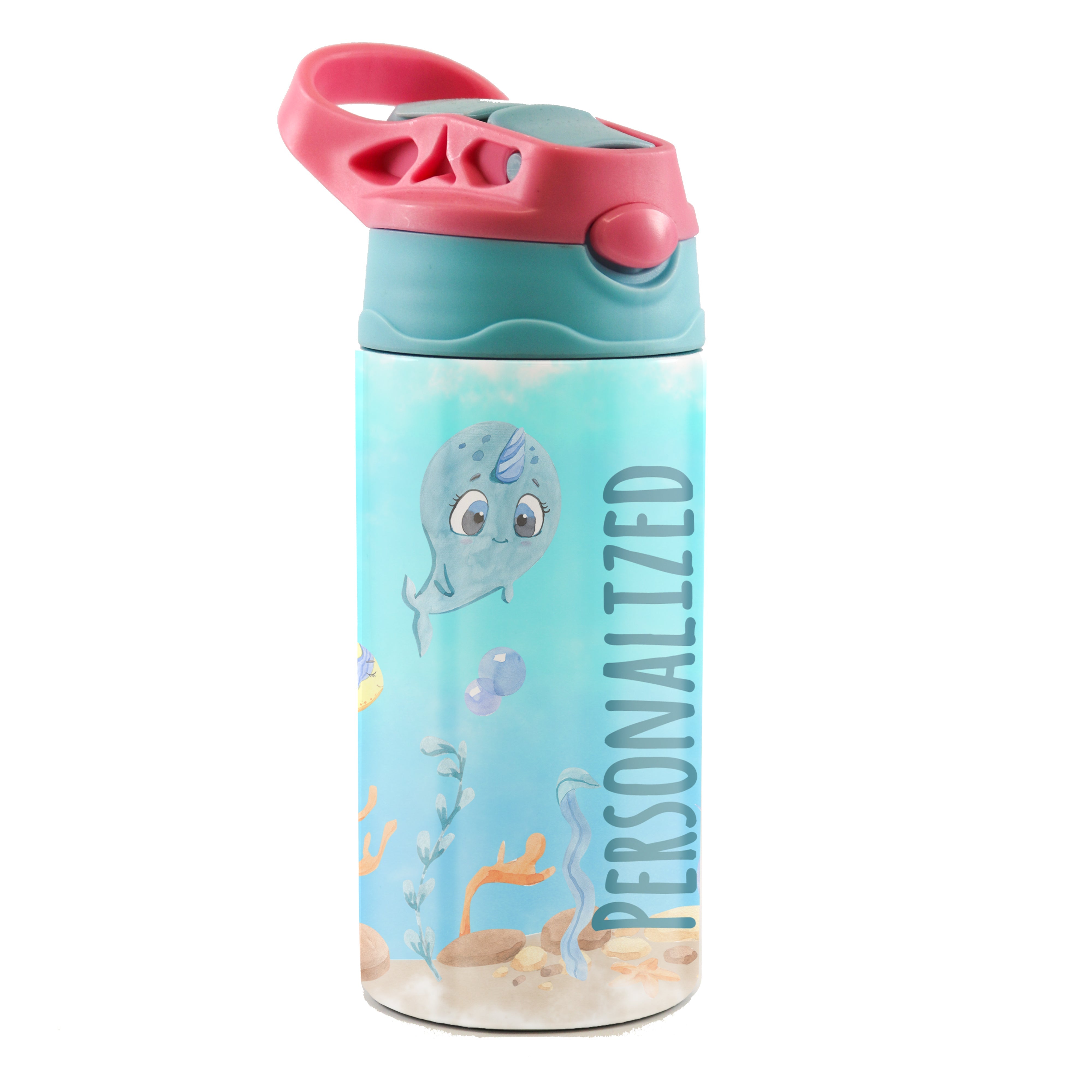 Trend Setters Original (Sea Life - Personalize with Name) 12 oz Stainless Steel Water Bottle with Pink and Blue Lid