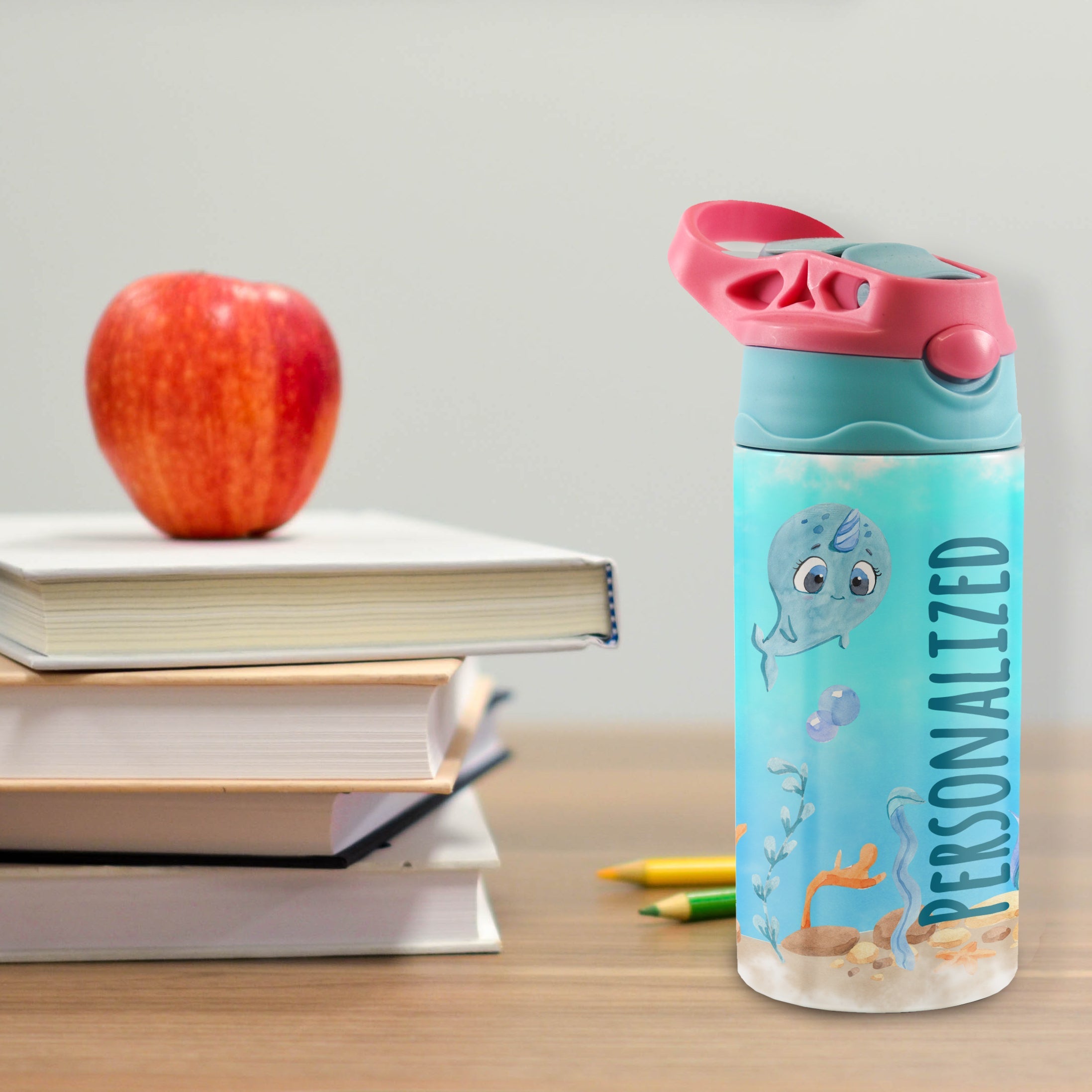 Trend Setters Original (Sea Life - Personalize with Name) 12 oz Stainless Steel Water Bottle with Pink and Blue Lid