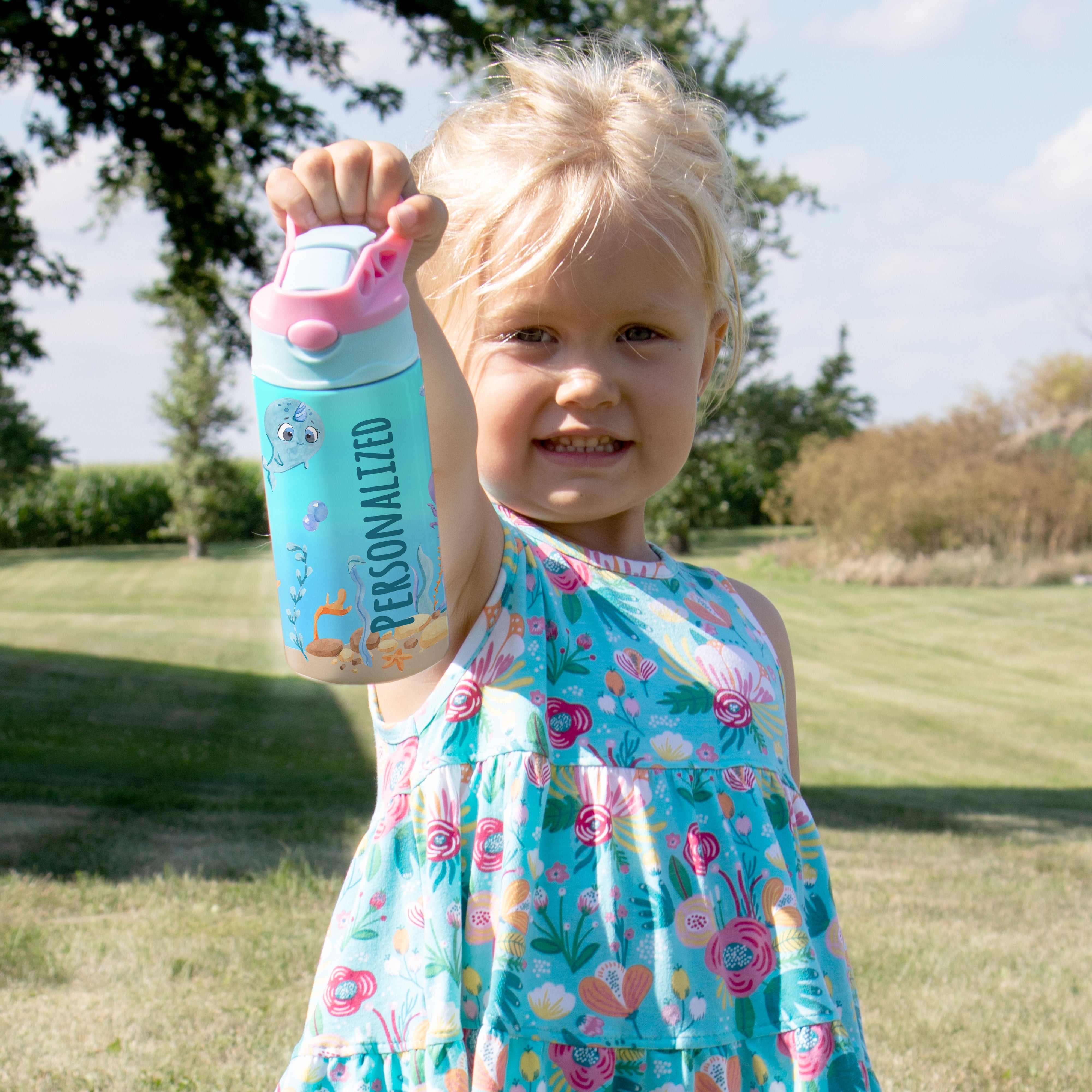 Trend Setters Original (Sea Life - Personalize with Name) 12 oz Stainless Steel Water Bottle with Pink and Blue Lid