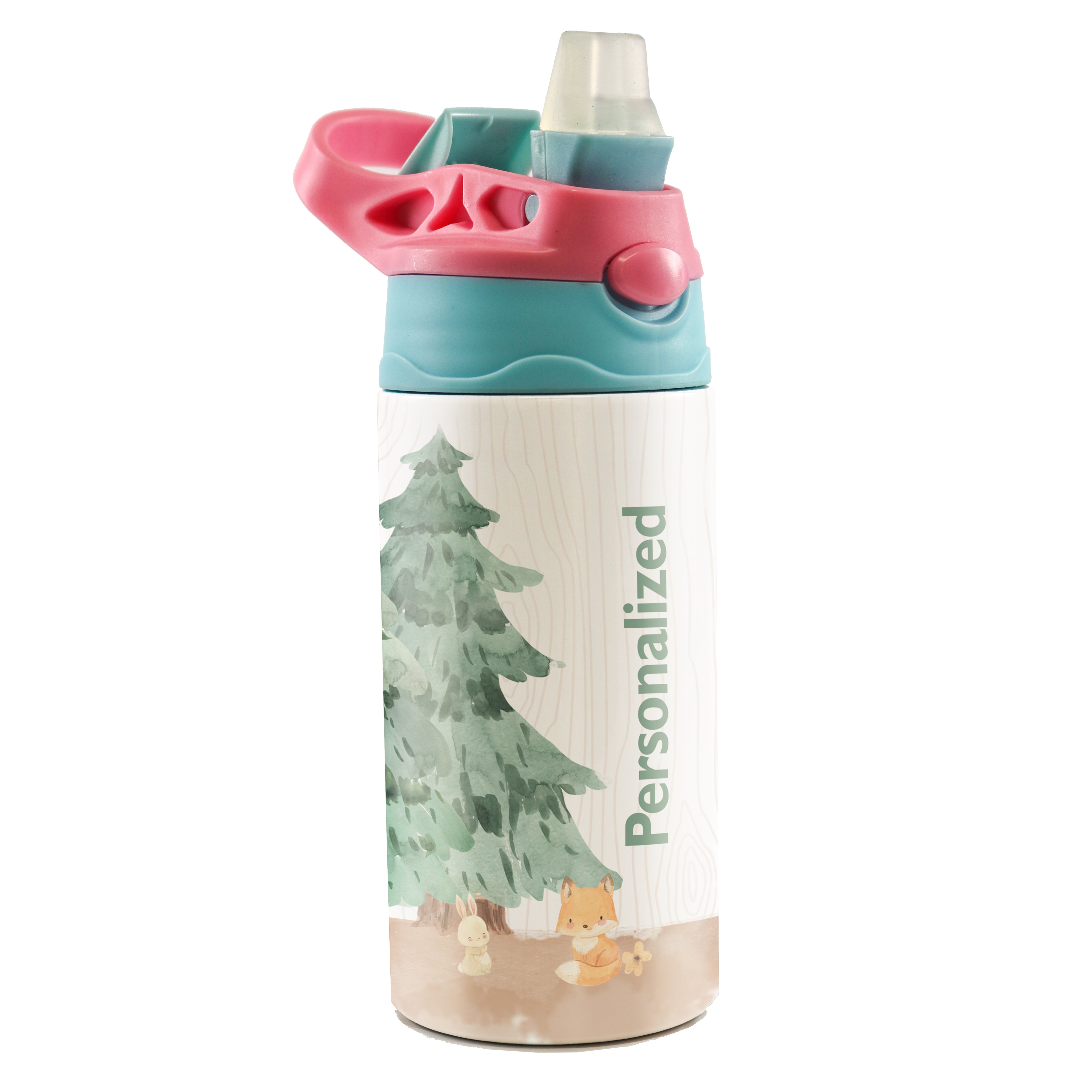 Trend Setters Original (Woodland Baby Animals - Personalize with Name) 12 oz Stainless Steel Water Bottle with Pink and Blue Lid