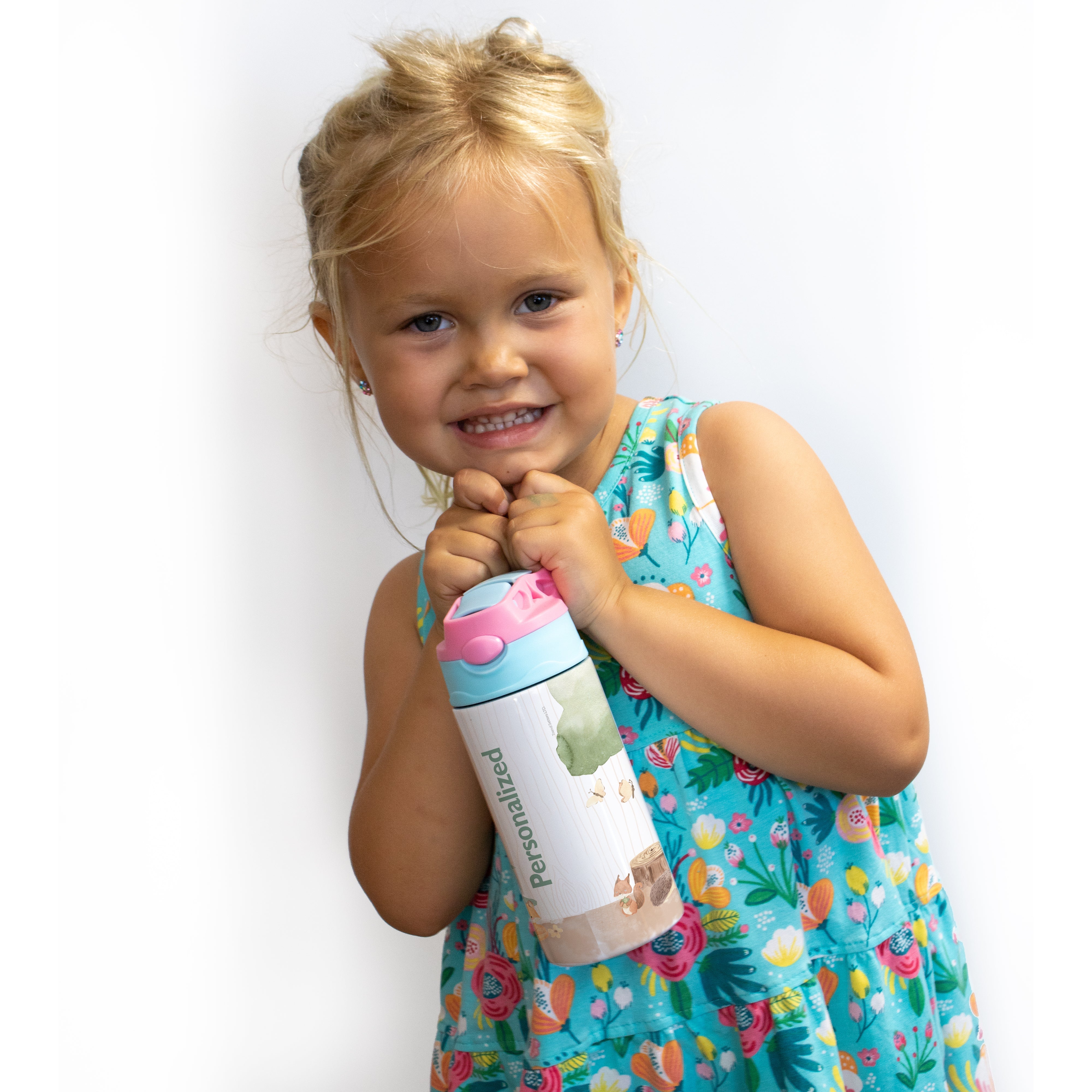 Trend Setters Original (Woodland Baby Animals - Personalize with Name) 12 oz Stainless Steel Water Bottle with Pink and Blue Lid