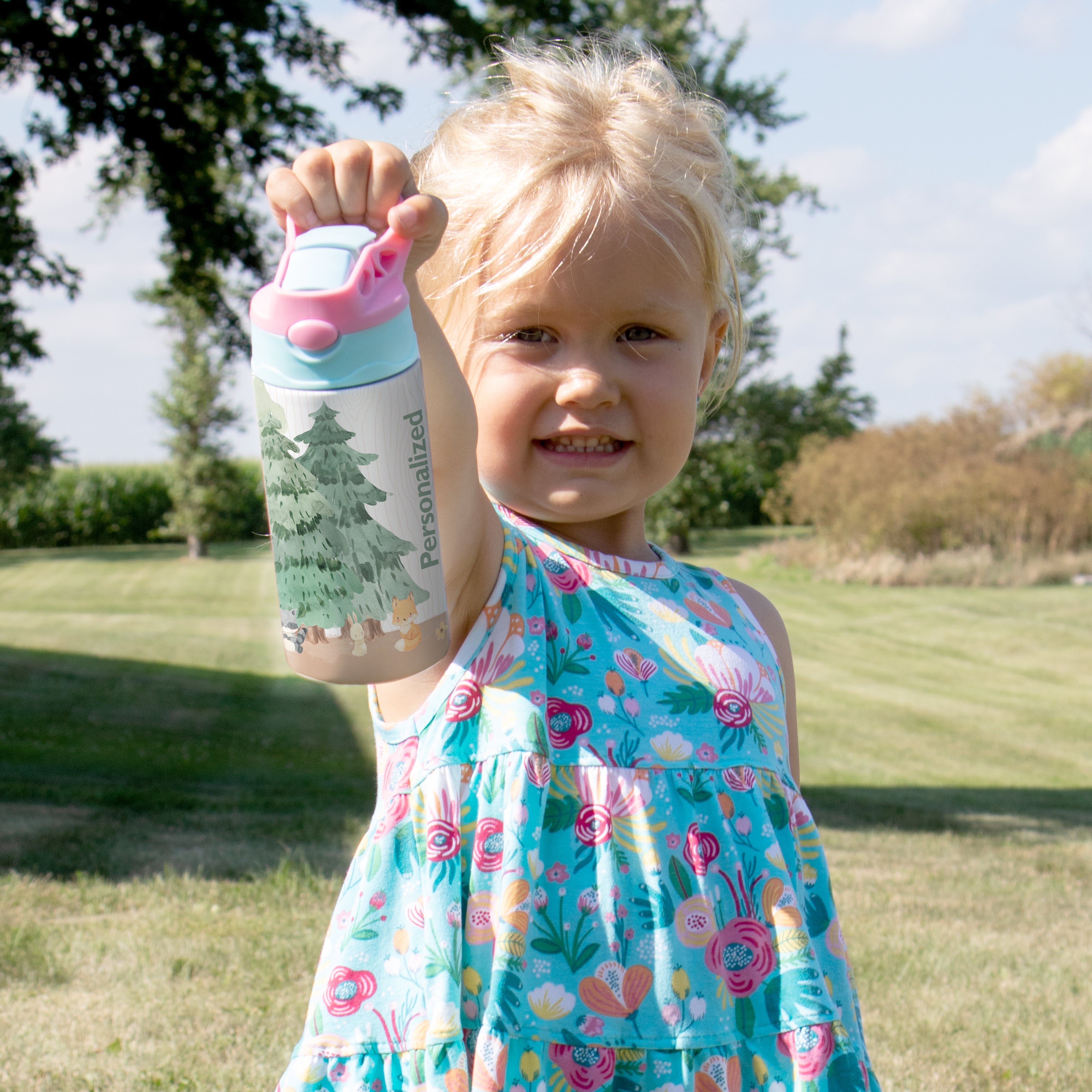 Trend Setters Original (Woodland Baby Animals - Personalize with Name) 12 oz Stainless Steel Water Bottle with Pink and Blue Lid