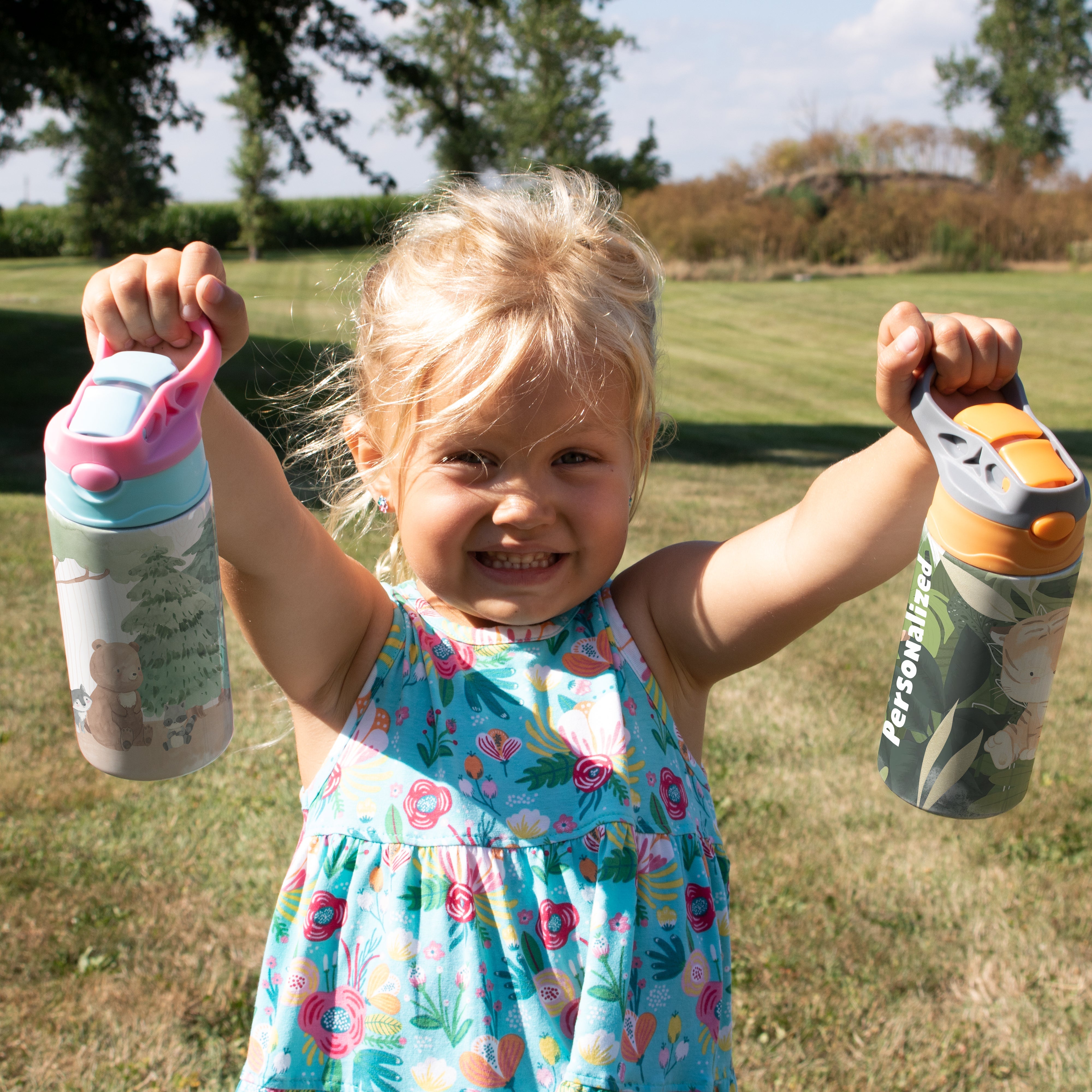 Trend Setters Original (Woodland Baby Animals - Personalize with Name) 12 oz Stainless Steel Water Bottle with Pink and Blue Lid