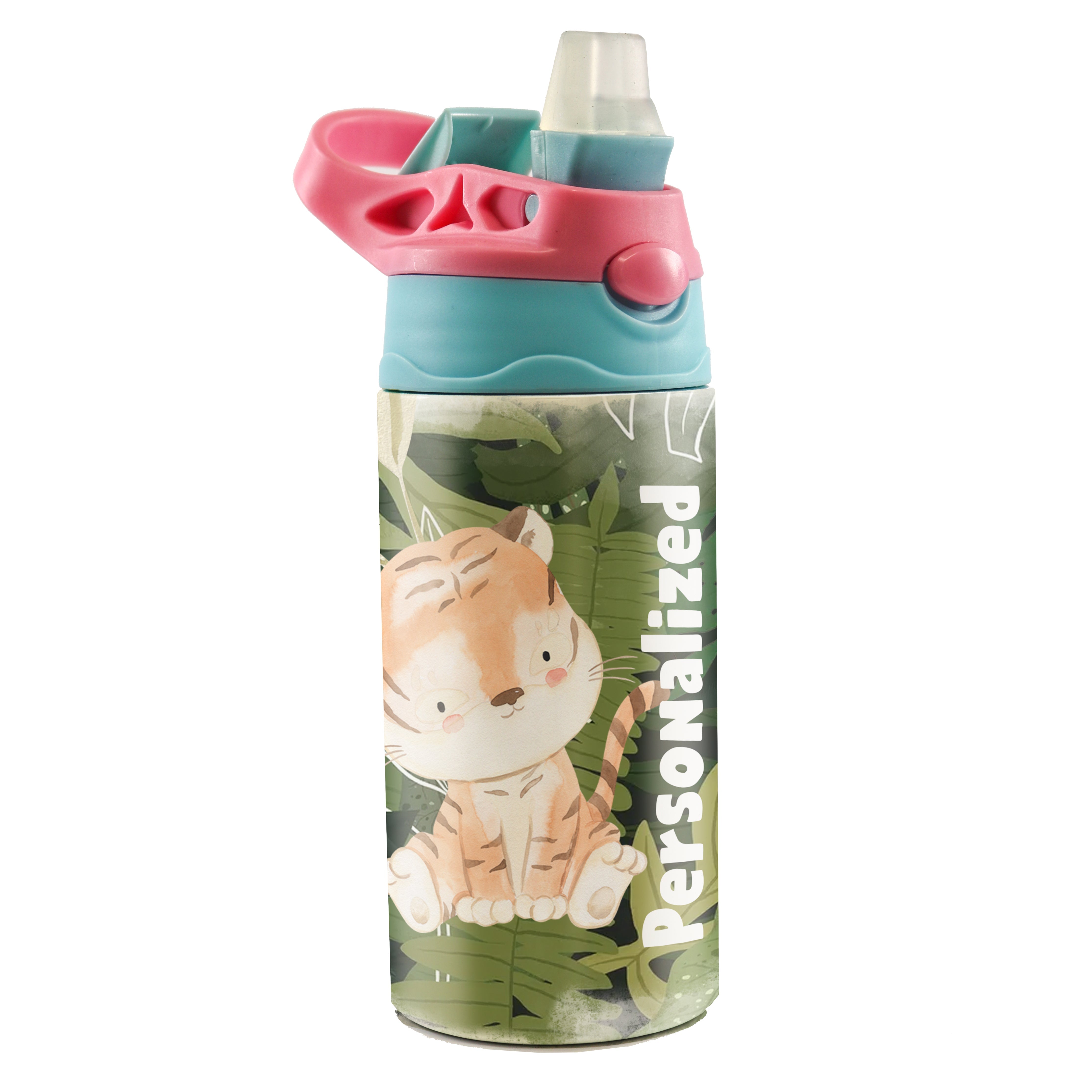 Trend Setters Original (Tiger Jungle - Personalized) 12 oz Stainless Steel Water Bottle with Pink and Blue Lid SSKIDPB0020
