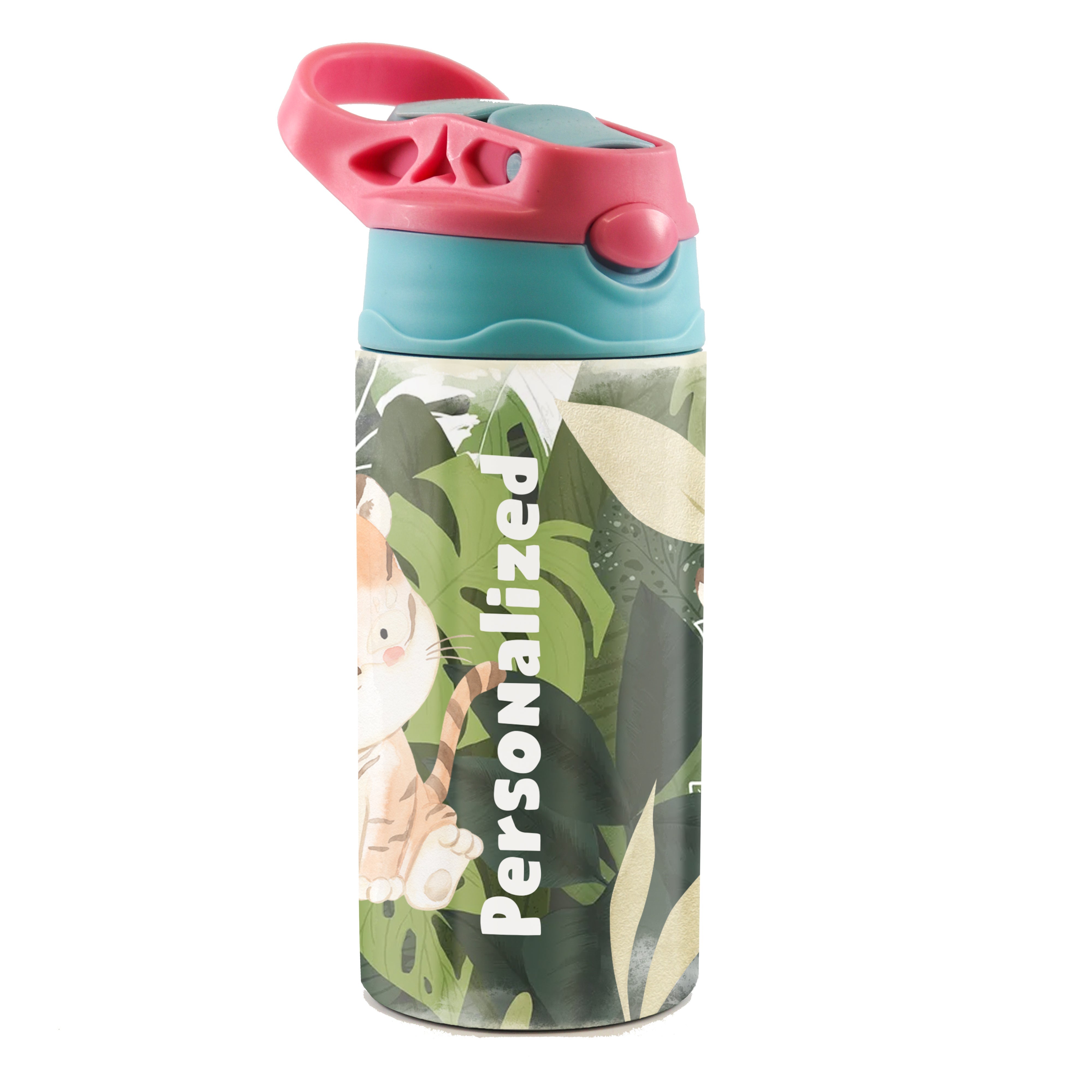 Trend Setters Original (Tiger Jungle - Personalized) 12 oz Stainless Steel Water Bottle with Pink and Blue Lid SSKIDPB0020