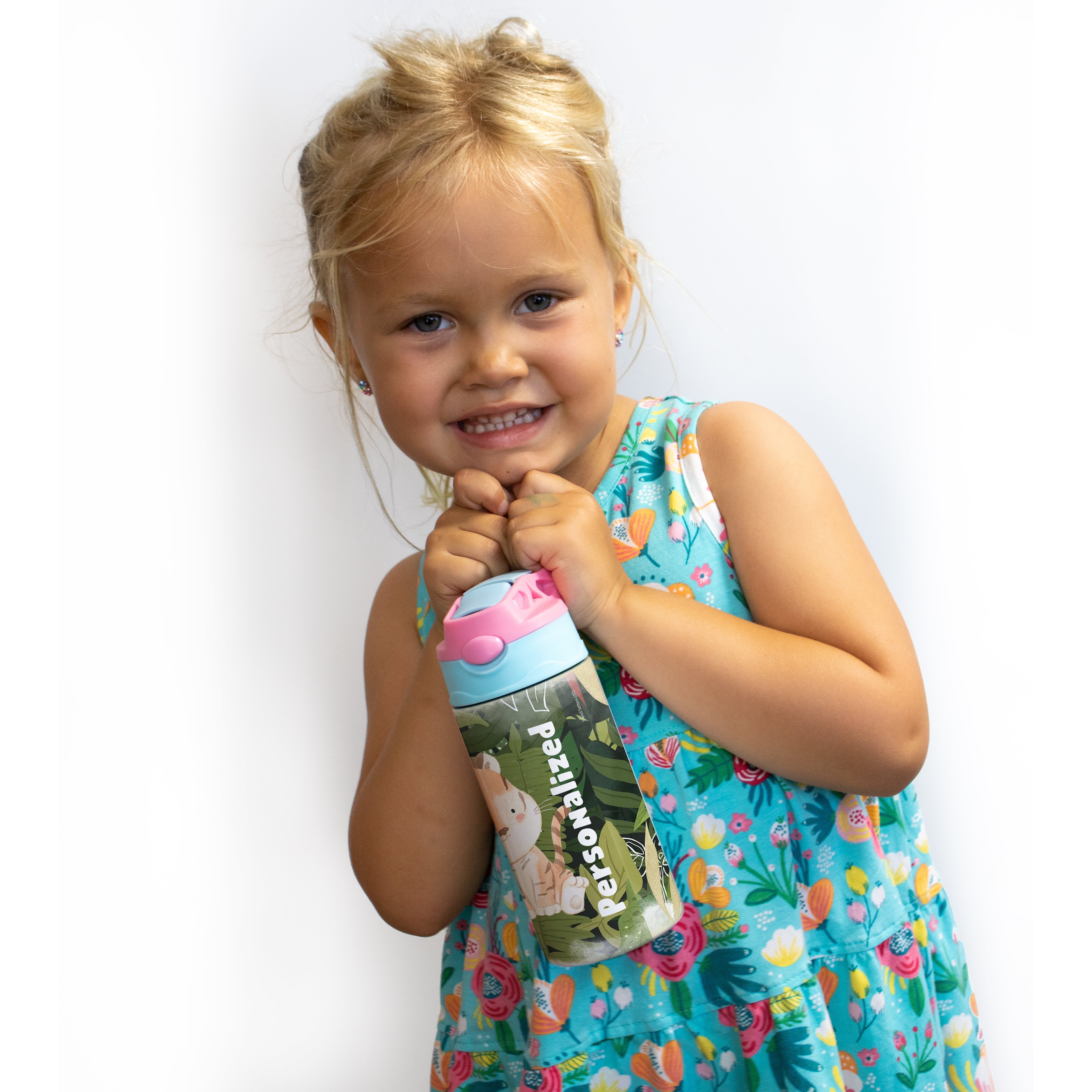 Trend Setters Original (Tiger Jungle - Personalized) 12 oz Stainless Steel Water Bottle with Pink and Blue Lid SSKIDPB0020