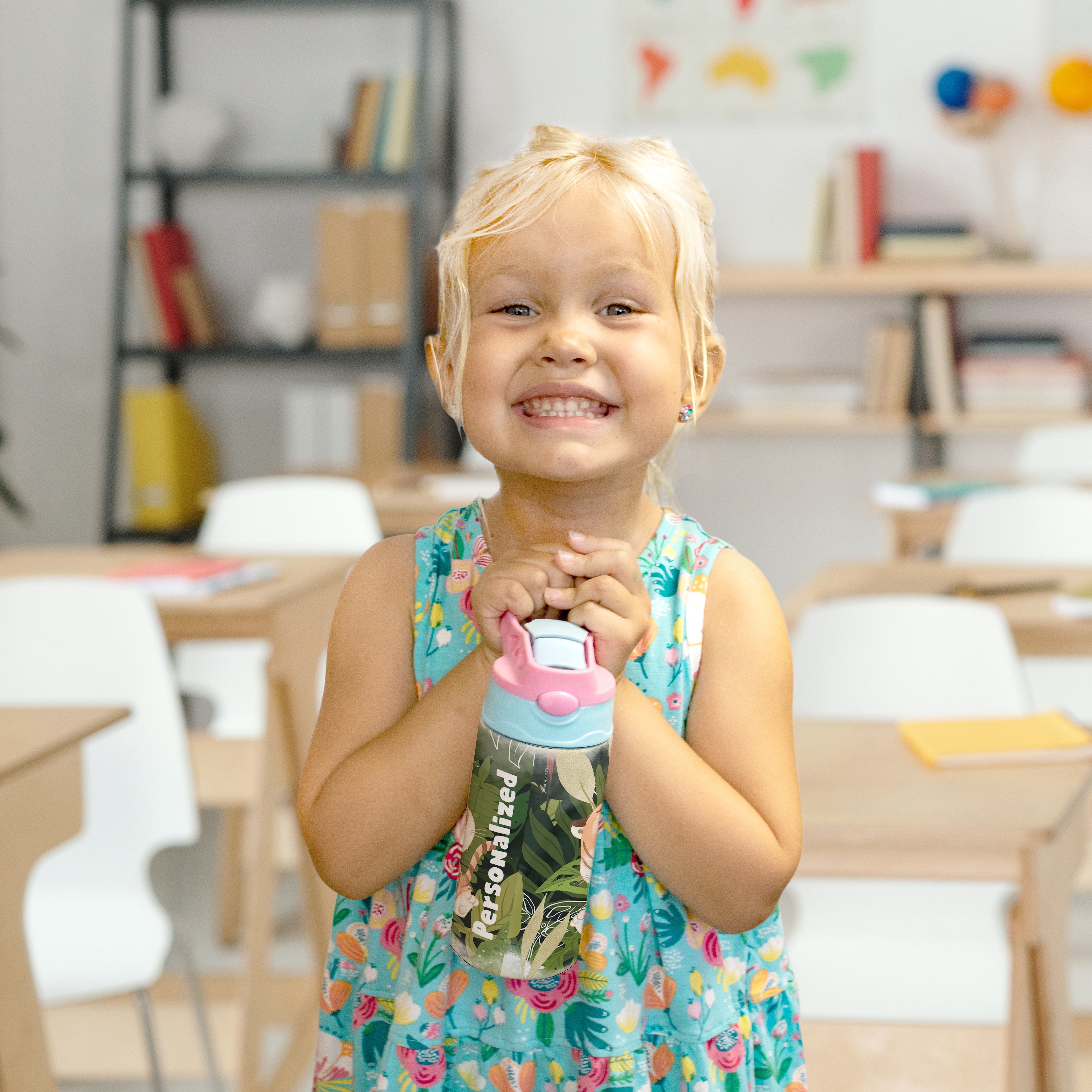 Trend Setters Original (Tiger Jungle - Personalized) 12 oz Stainless Steel Water Bottle with Pink and Blue Lid SSKIDPB0020
