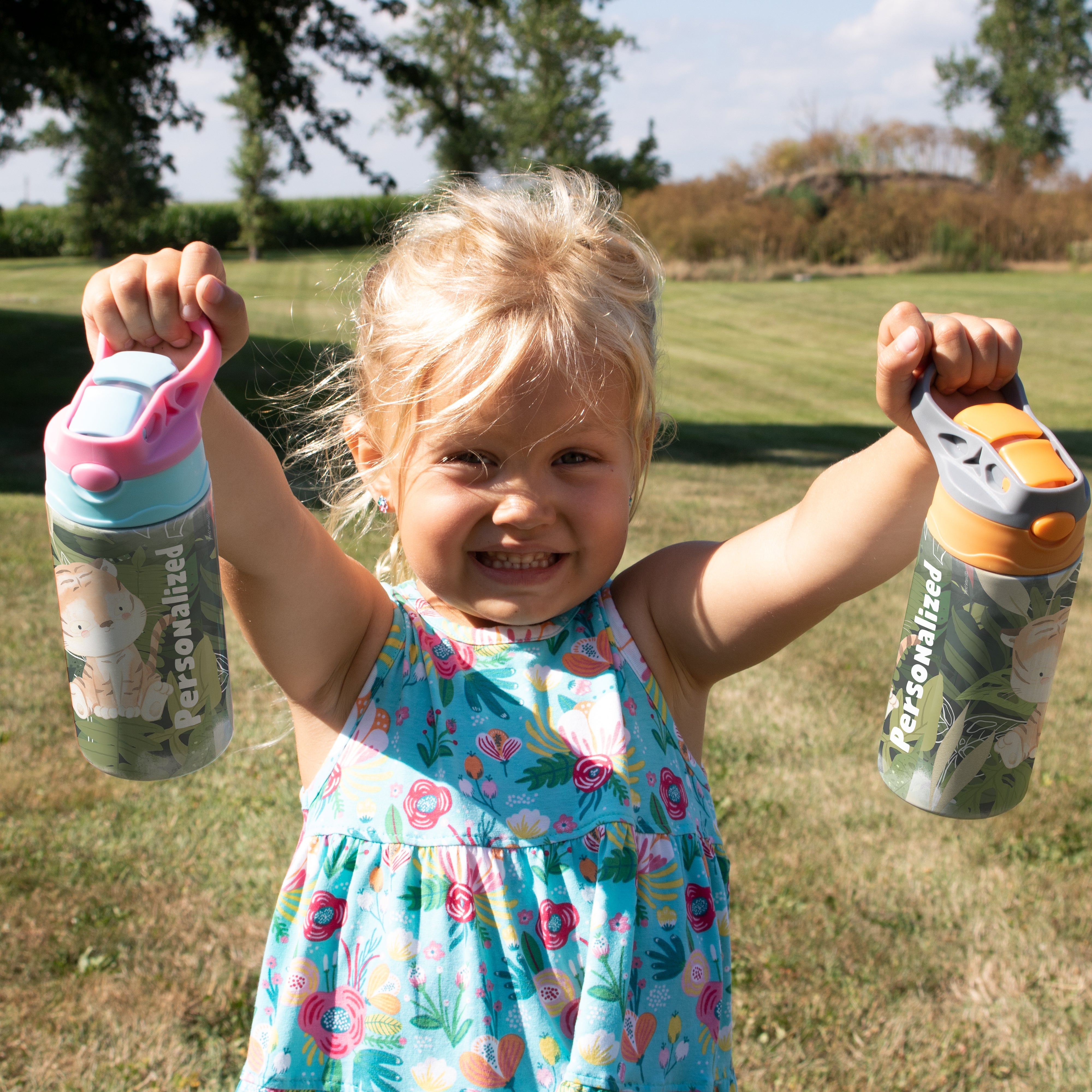 Trend Setters Original (Tiger Jungle - Personalized) 12 oz Stainless Steel Water Bottle with Pink and Blue Lid SSKIDPB0020