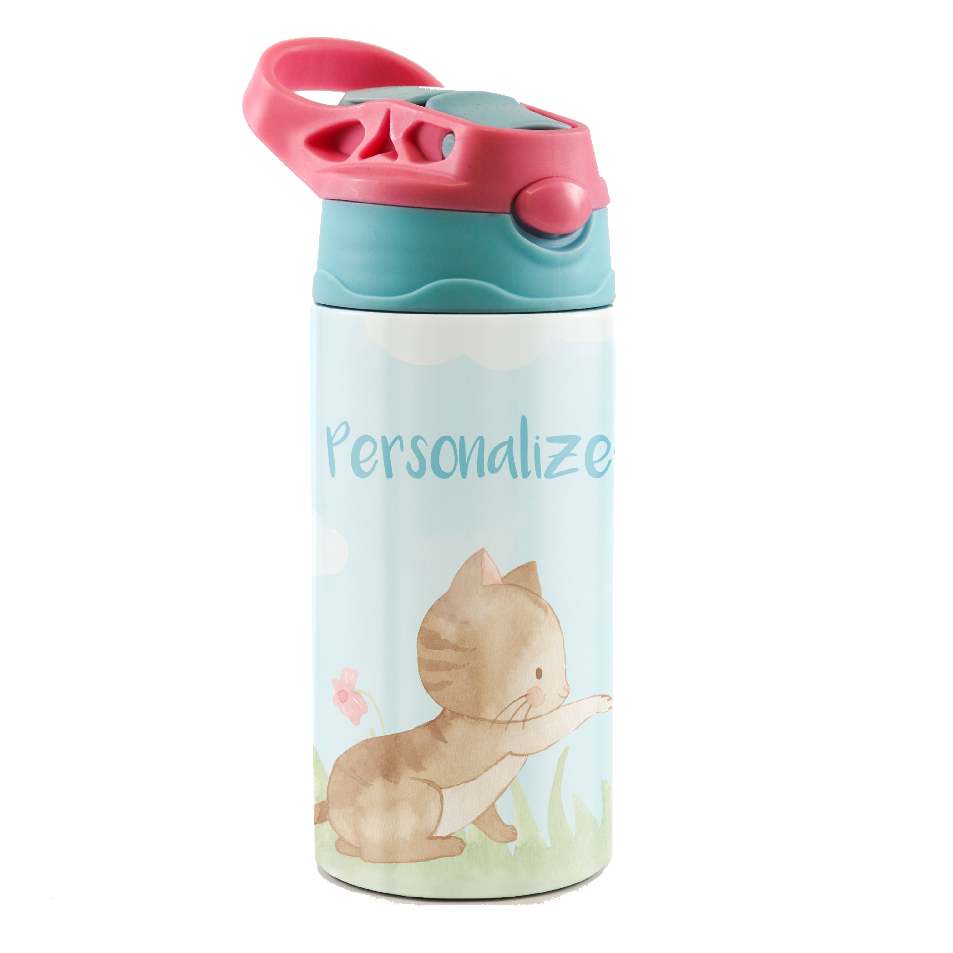 Trend Setters Original (Kitty Cat - Personalize with Name) 12 oz Stainless Steel Water Bottle with Pink and Blue Lid