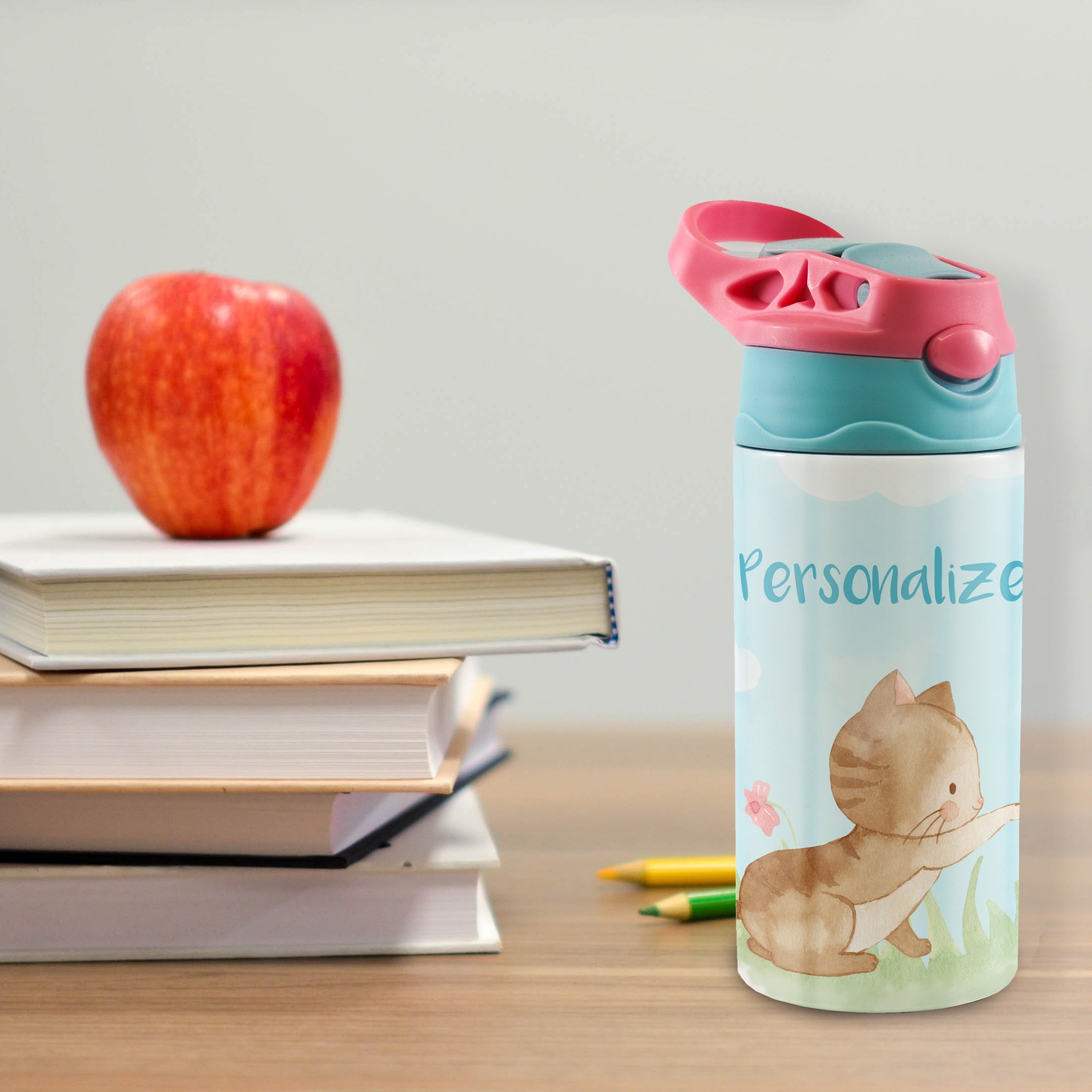 Trend Setters Original (Kitty Cat - Personalize with Name) 12 oz Stainless Steel Water Bottle with Pink and Blue Lid