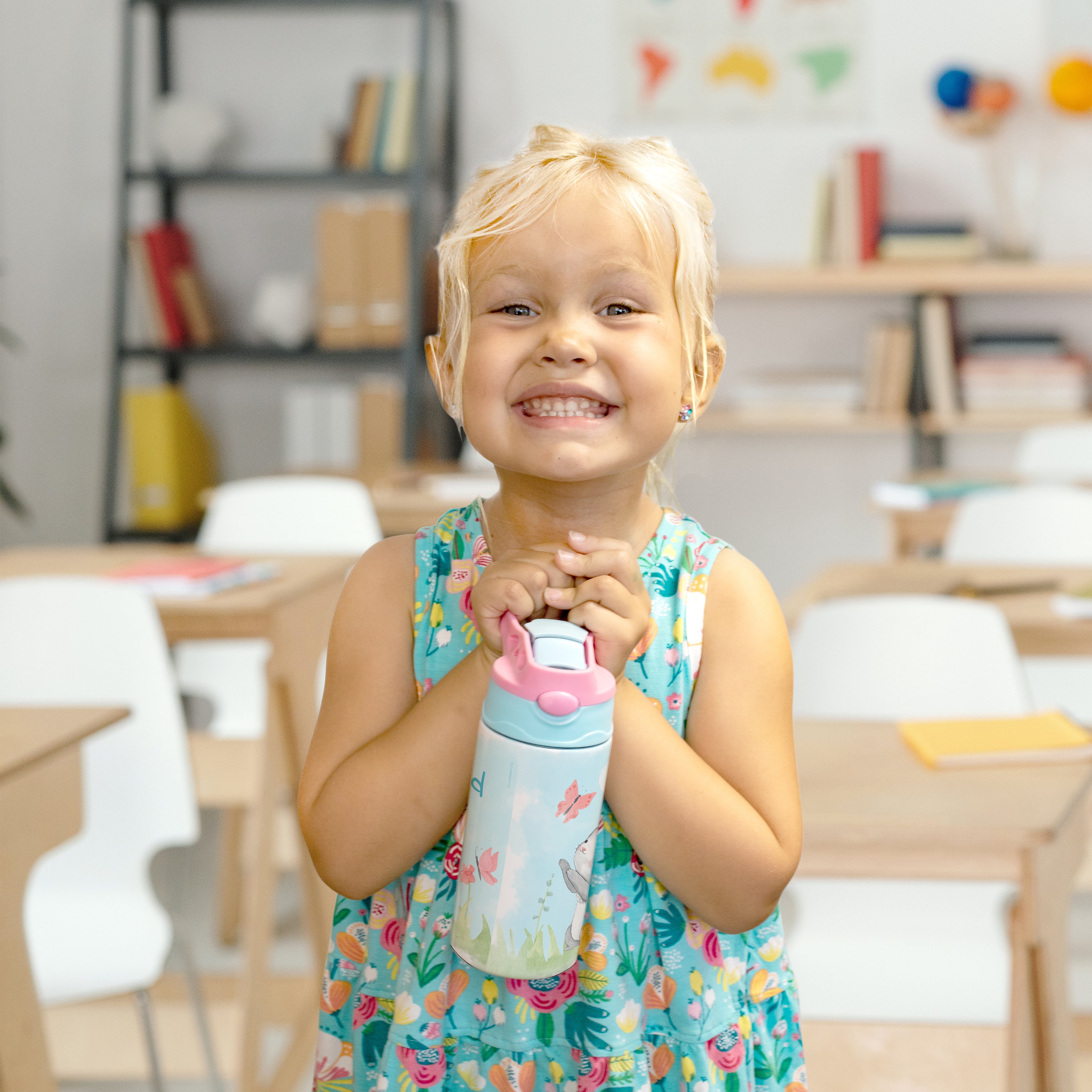 Trend Setters Original (Kitty Cat - Personalize with Name) 12 oz Stainless Steel Water Bottle with Pink and Blue Lid