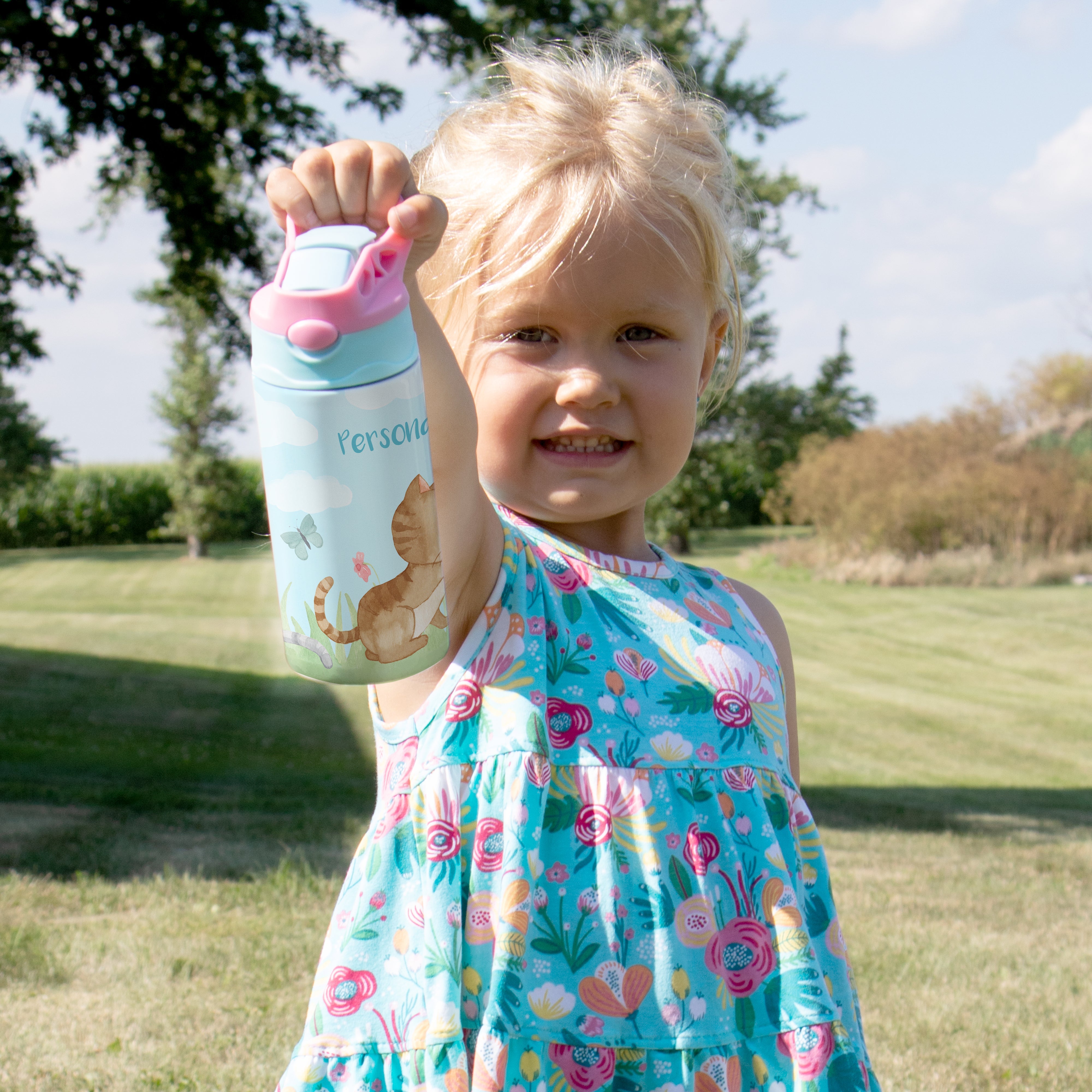 Trend Setters Original (Kitty Cat - Personalize with Name) 12 oz Stainless Steel Water Bottle with Pink and Blue Lid