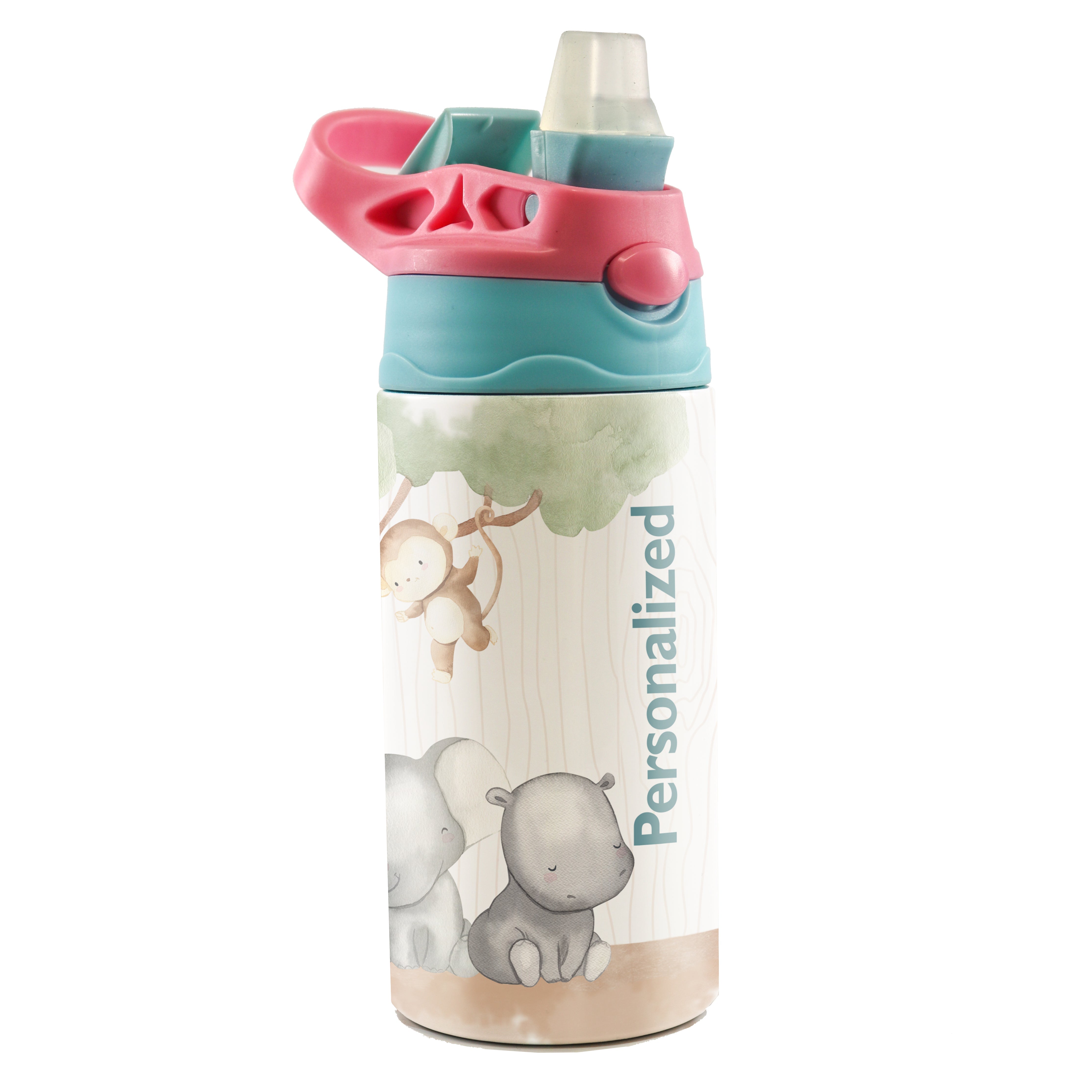 Trend Setters Original (Safari Animals - Personalize with Name) 12 oz Stainless Steel Water Bottle with Pink and Blue Lid