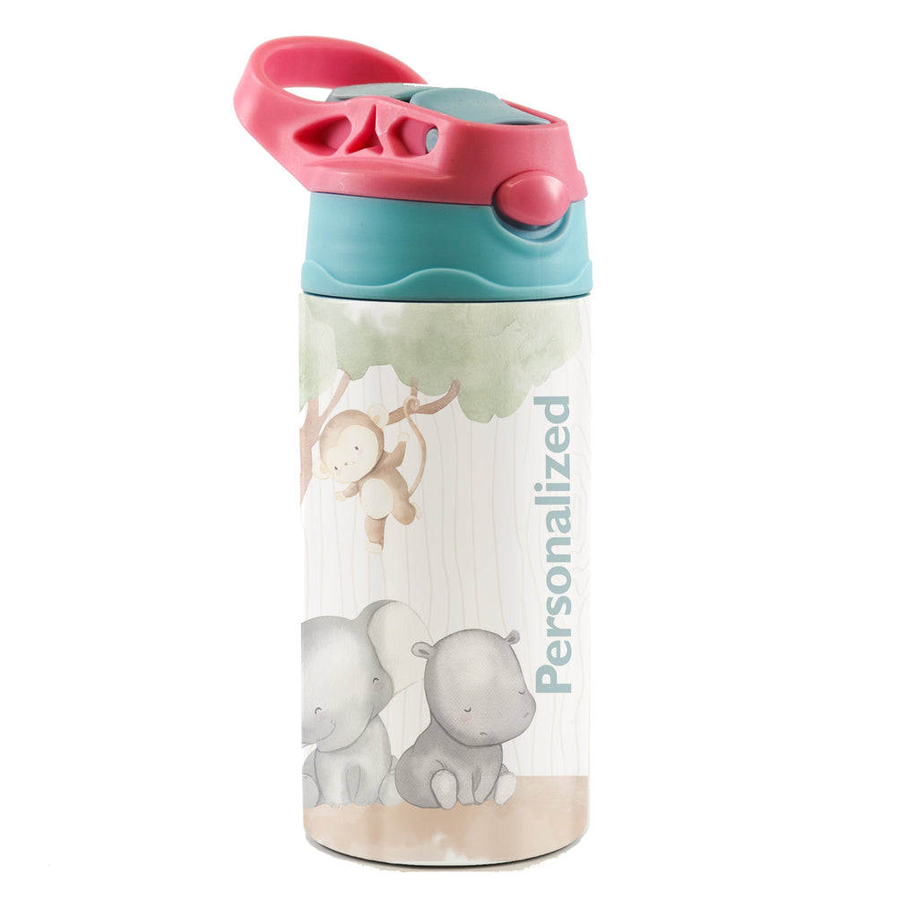 Trend Setters Original (Safari Animals - Personalize with Name) 12 oz Stainless Steel Water Bottle with Pink and Blue Lid