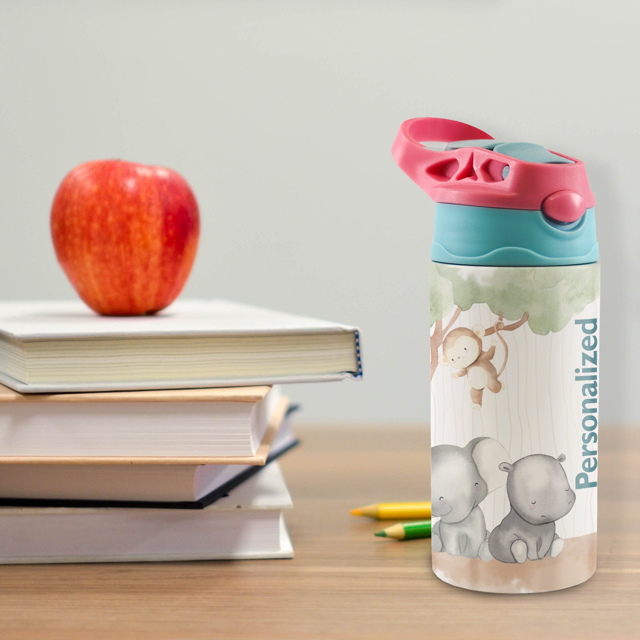 Trend Setters Original (Safari Animals - Personalize with Name) 12 oz Stainless Steel Water Bottle with Pink and Blue Lid