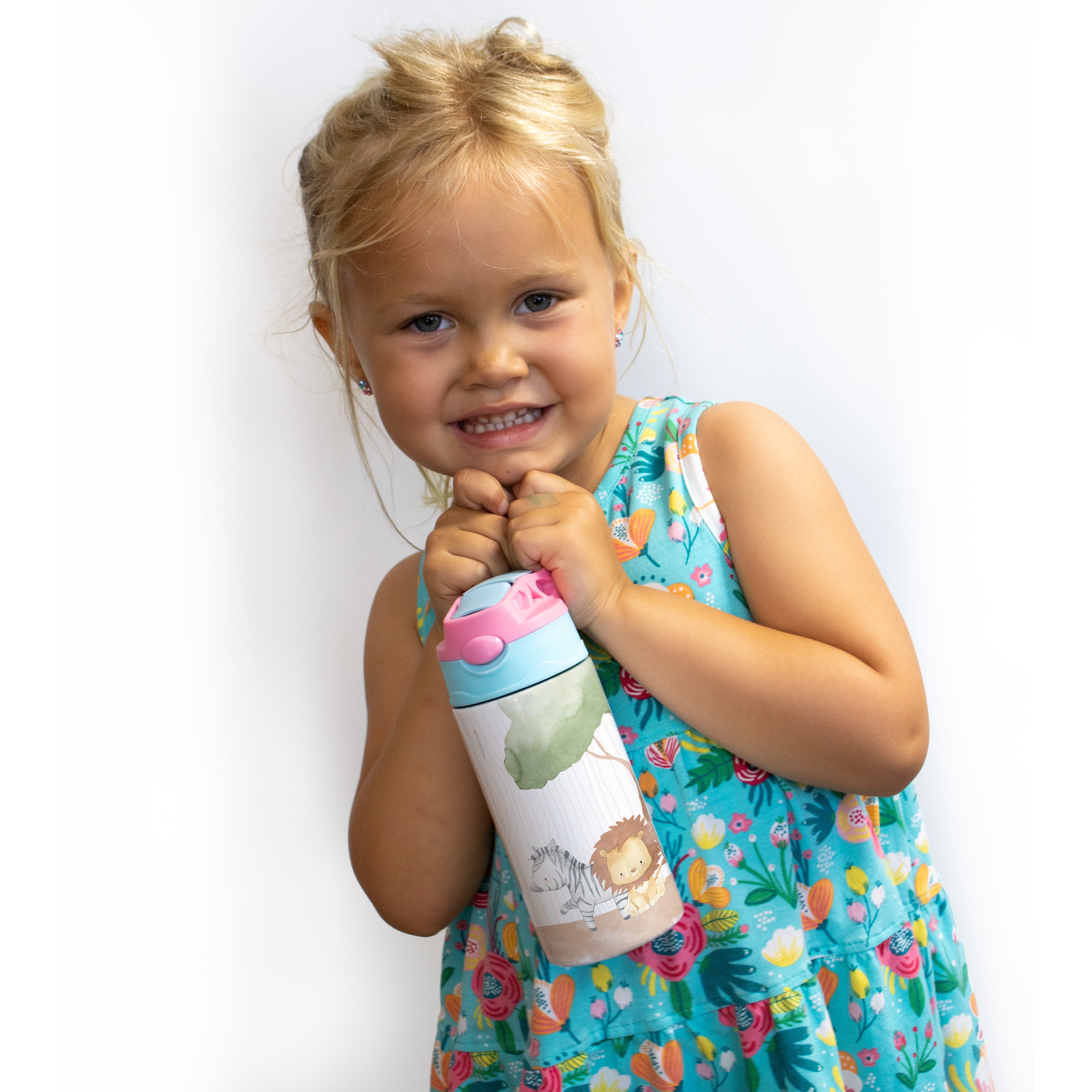 Trend Setters Original (Safari Animals - Personalize with Name) 12 oz Stainless Steel Water Bottle with Pink and Blue Lid
