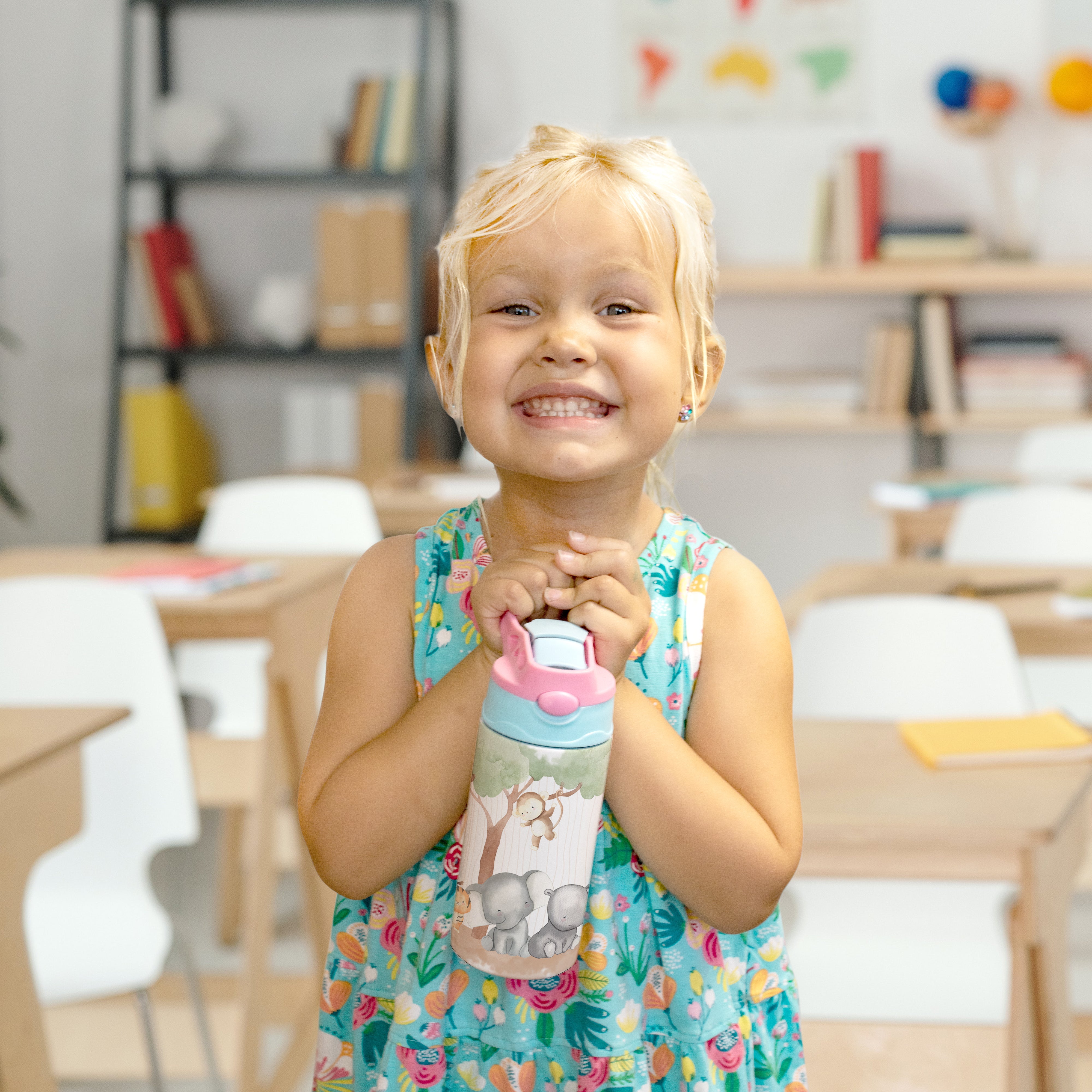 Trend Setters Original (Safari Animals - Personalize with Name) 12 oz Stainless Steel Water Bottle with Pink and Blue Lid
