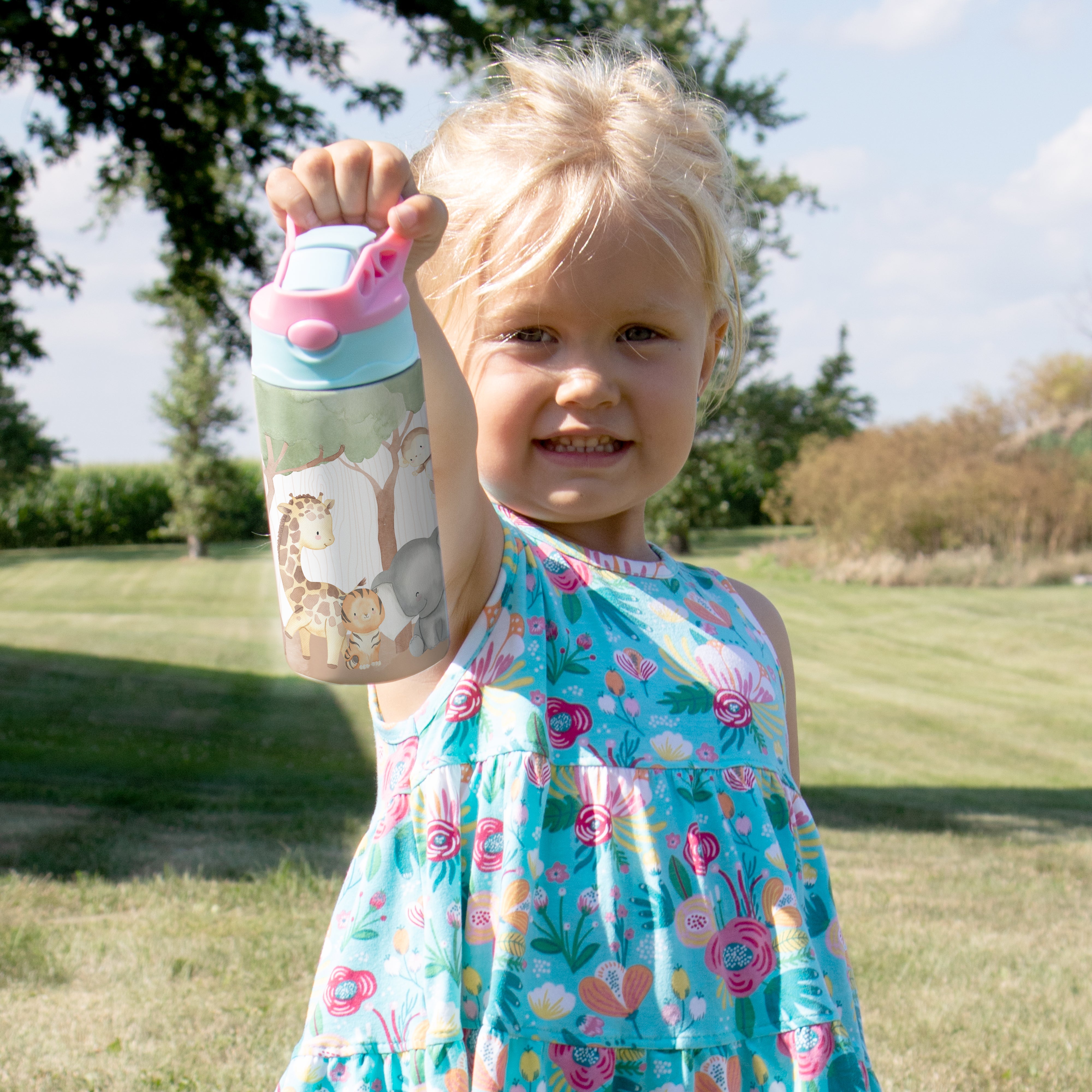 Trend Setters Original (Safari Animals - Personalize with Name) 12 oz Stainless Steel Water Bottle with Pink and Blue Lid