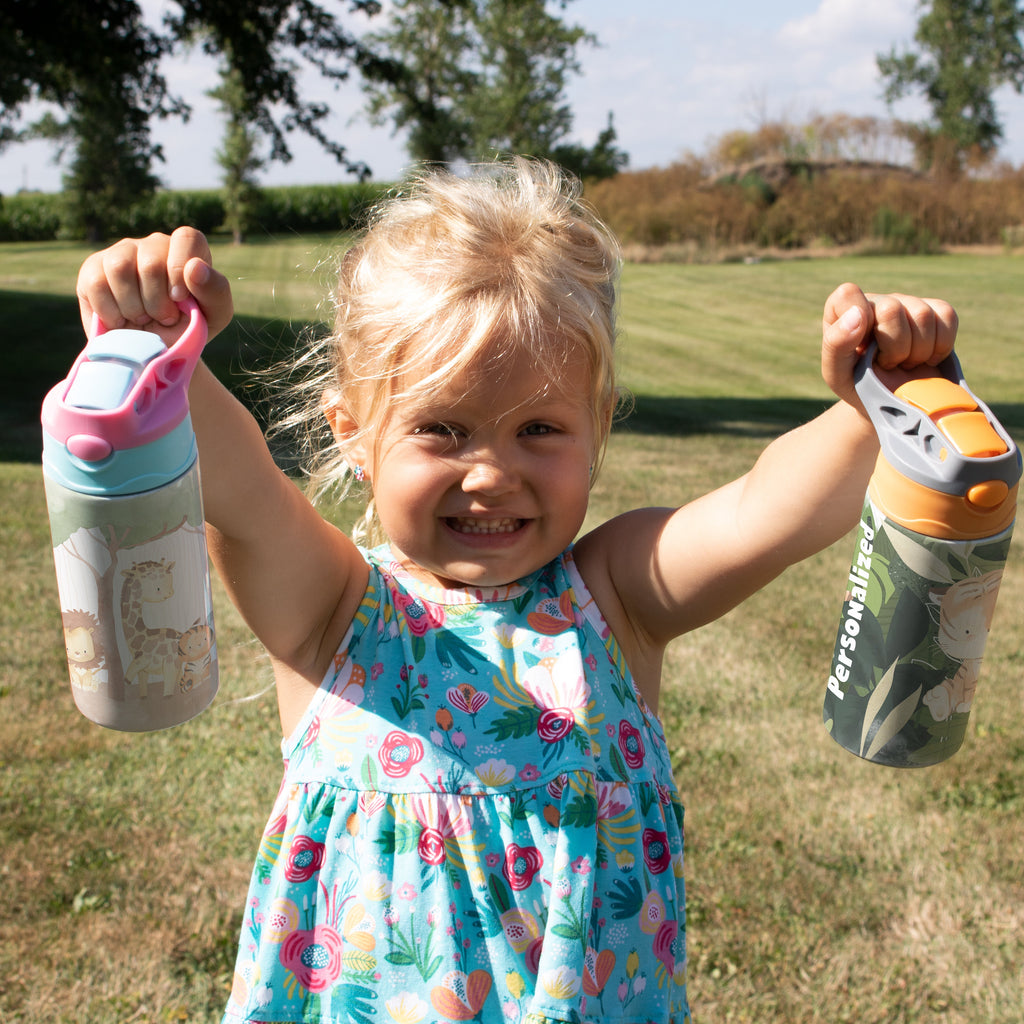Trend Setters Original (Safari Animals - Personalize with Name) 12 oz Stainless Steel Water Bottle with Pink and Blue Lid