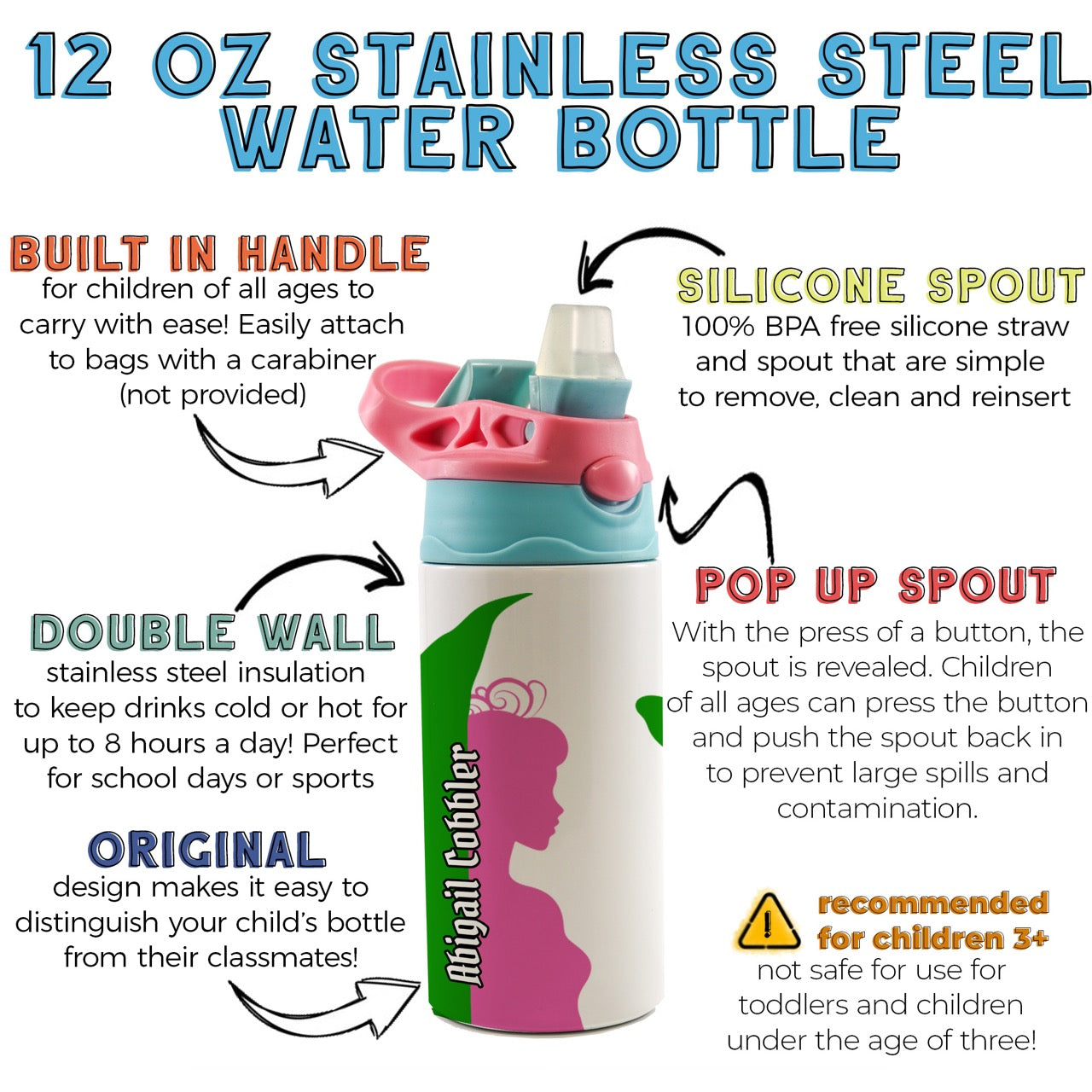 Trend Setters Original (Pink & Green Witches) Personalized 12 oz Stainless Steel Water Bottle with Pink and Blue Lid SSKIDPB0026