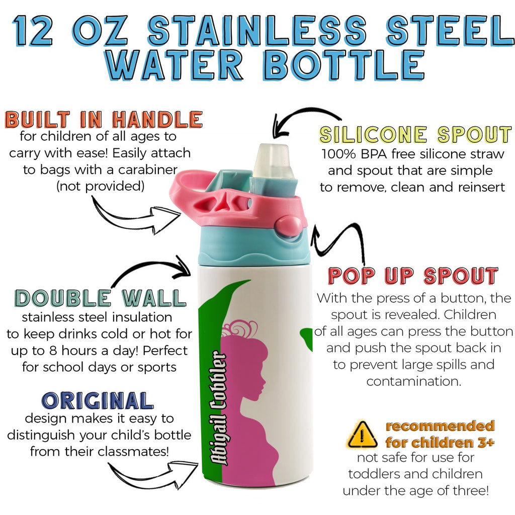 Trend Setters Original (Pink & Green Witches) Personalized 12 oz Stainless Steel Water Bottle with Pink and Blue Lid SSKIDPB0026