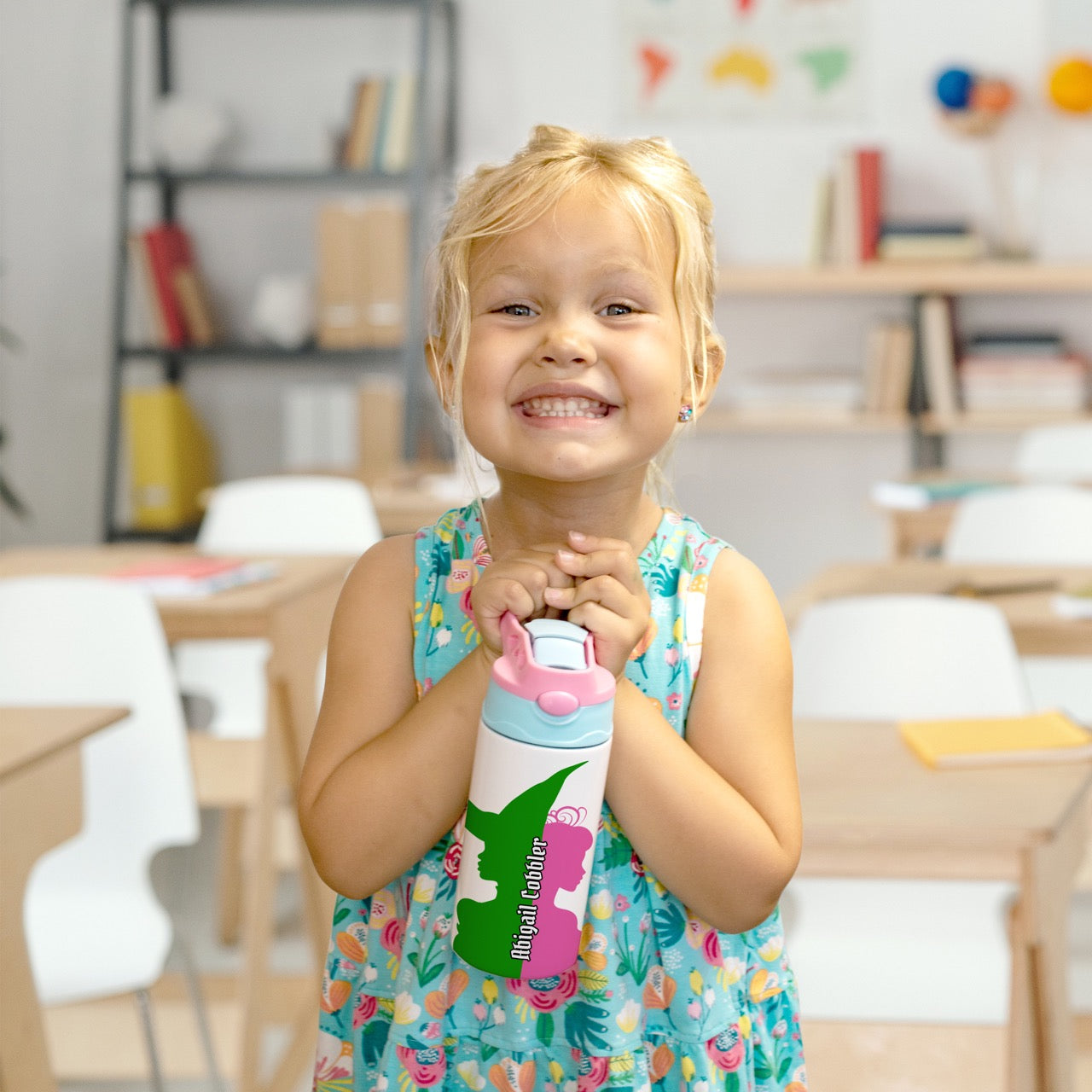 Trend Setters Original (Pink & Green Witches) Personalized 12 oz Stainless Steel Water Bottle with Pink and Blue Lid SSKIDPB0026