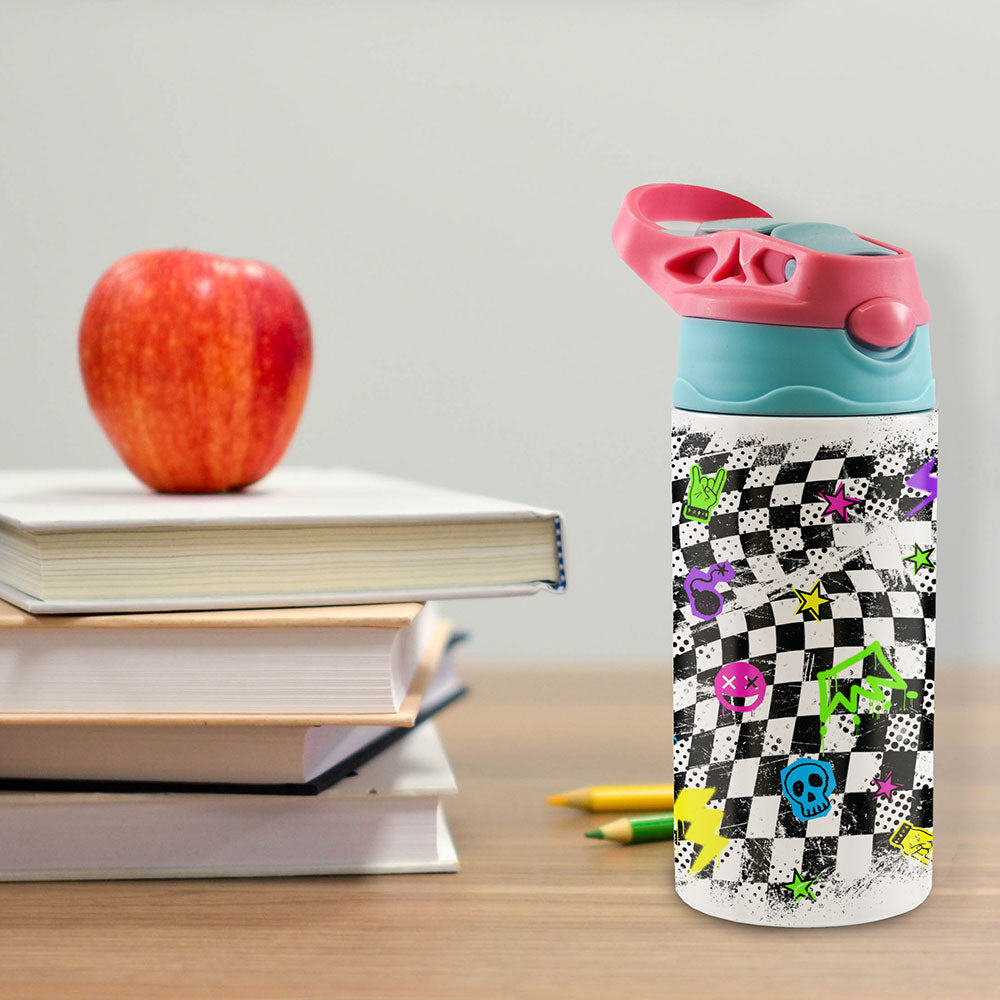 Trend Setters Original (Punk Checkerboard) 12 oz Stainless Steel Water Bottle with Pink and Blue Lid SSKIDPB0027