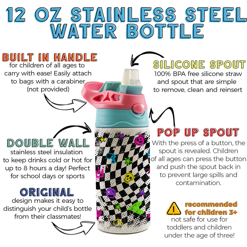 Trend Setters Original (Punk Checkerboard) 12 oz Stainless Steel Water Bottle with Pink and Blue Lid SSKIDPB0027