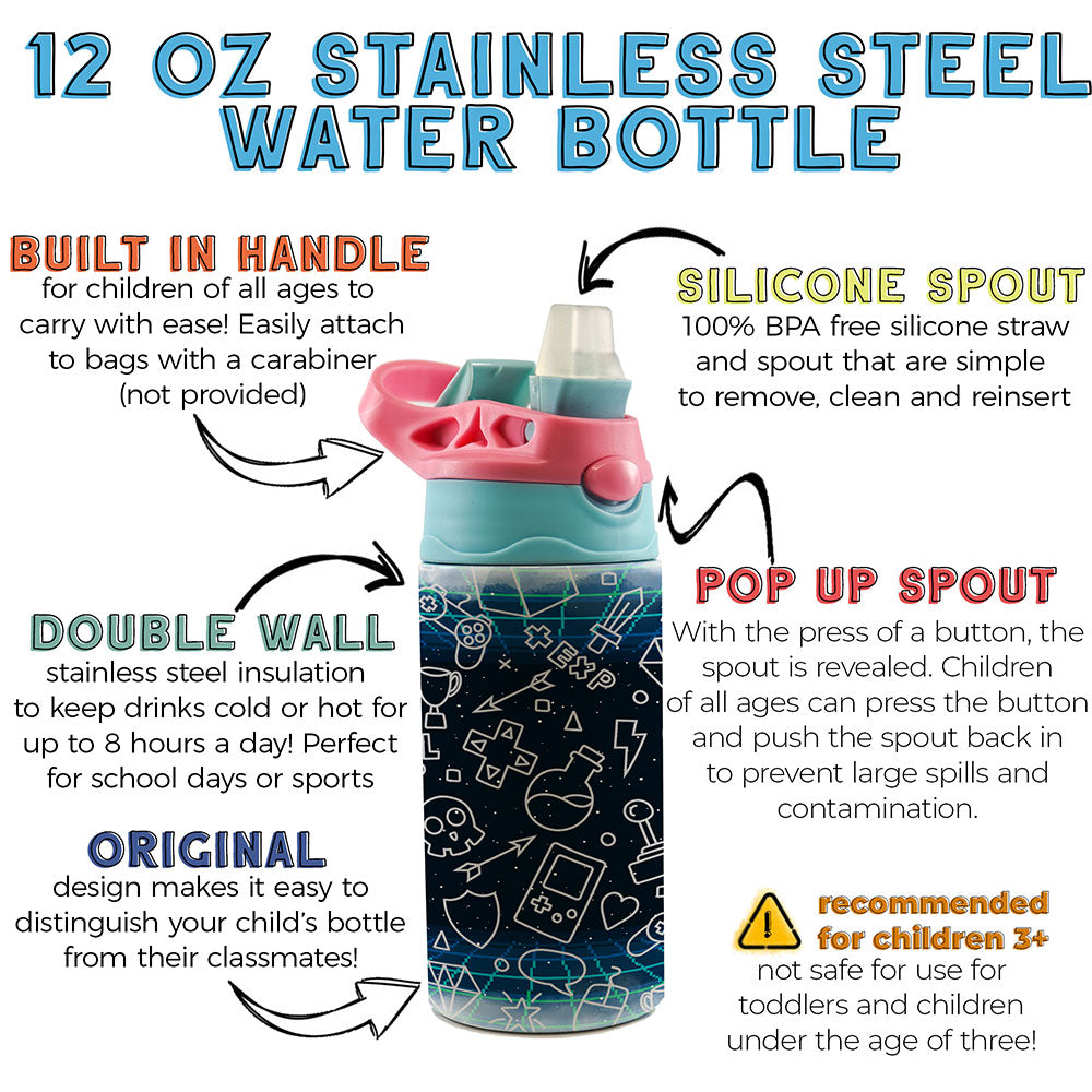 Trend Setters Original (Gamer) 12 oz Stainless Steel Water Bottle with Pink and Blue Lid SSKIDPB0029
