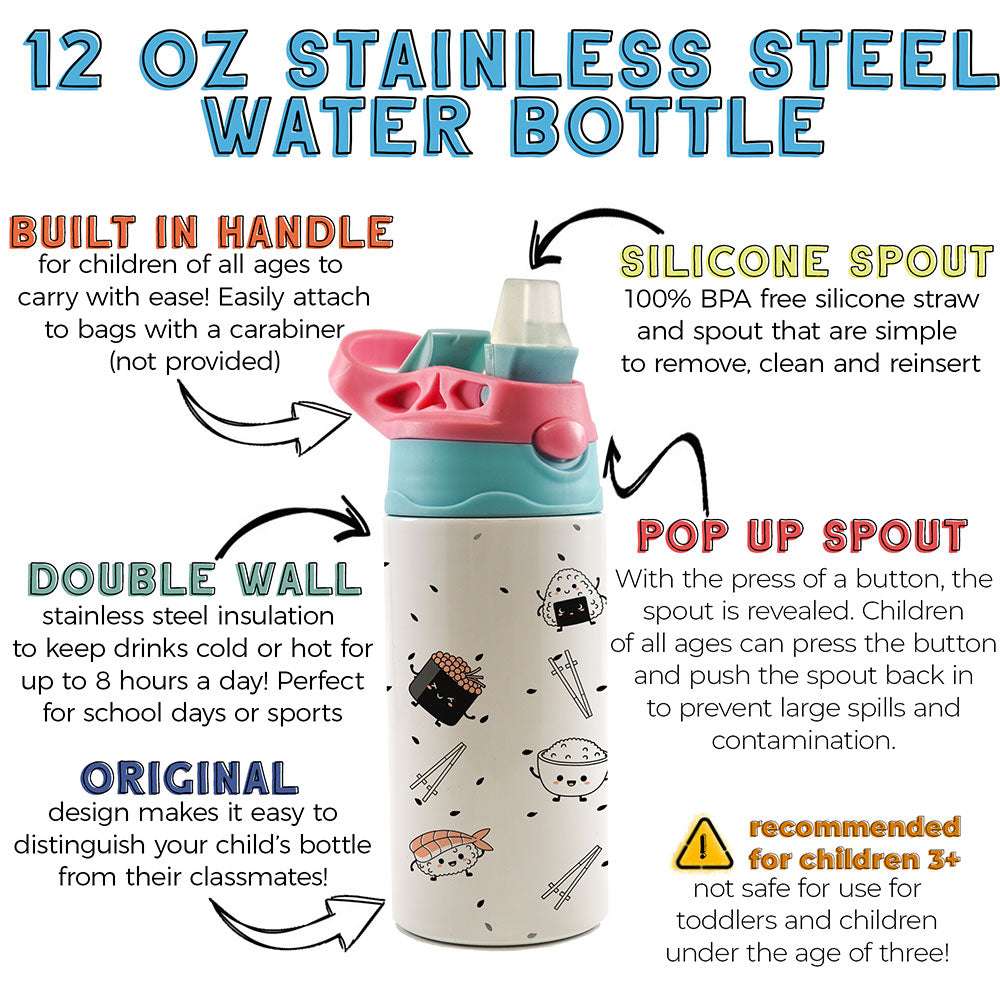 Trend Setters Original (Sushi) 12 oz Stainless Steel Water Bottle with Pink and Blue Lid SSKIDPB0032