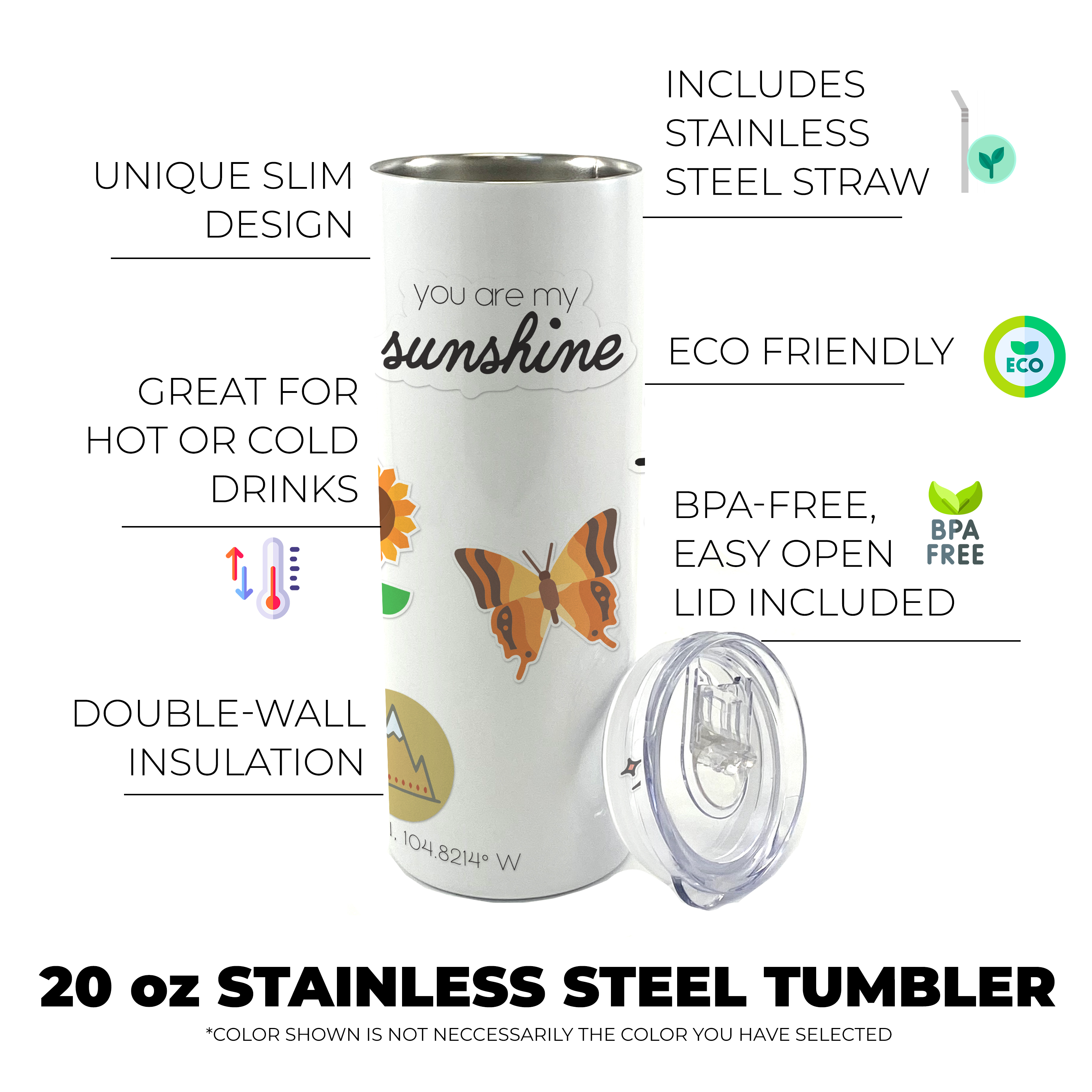 Trend Setters Originals (Sunshine On My Mind) 20 Oz Stainless Steel White Travel Tumbler with Straw