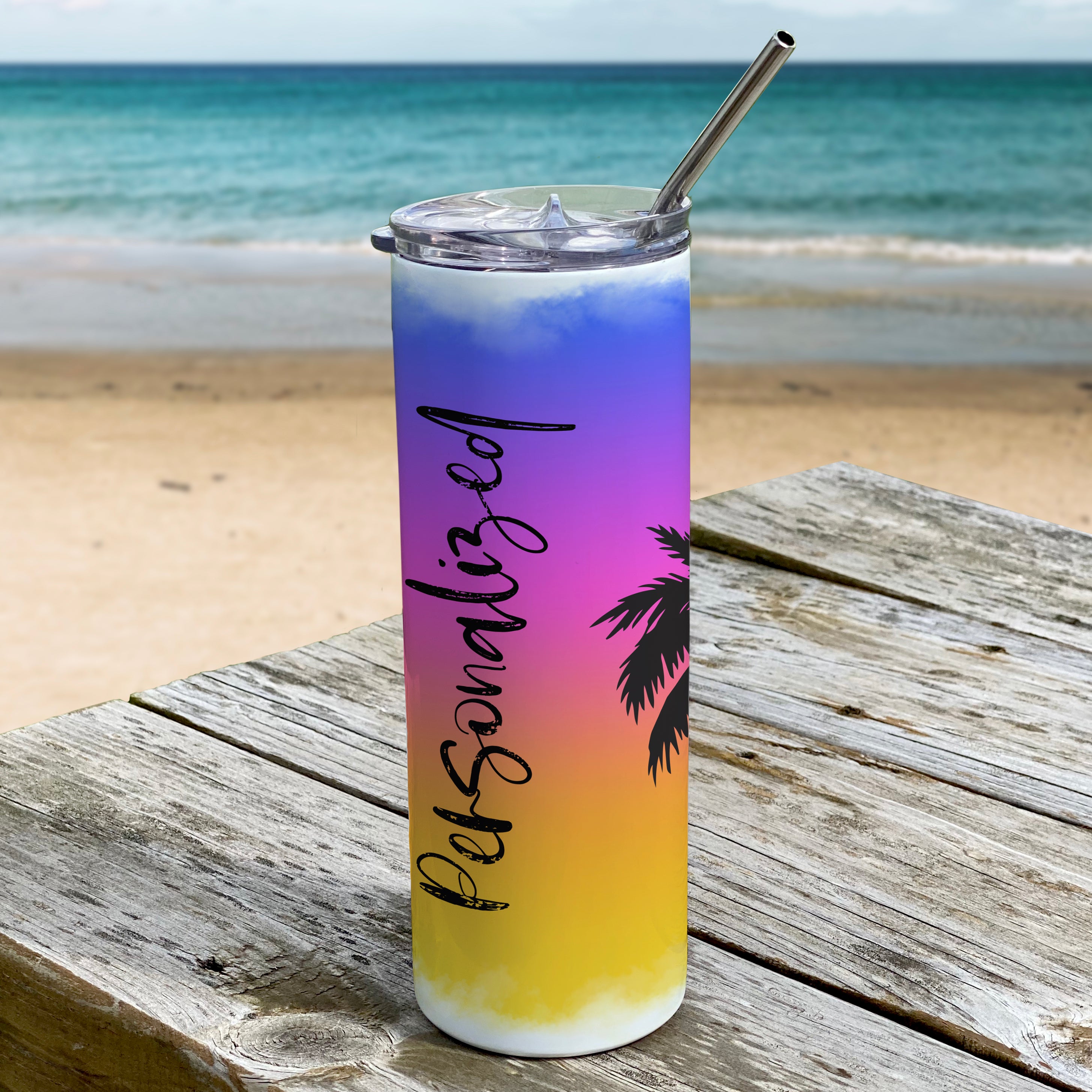 Vacation Collection (Tropical Sunset - Personalized) 20 Oz Stainless Steel Travel Tumbler with Straw