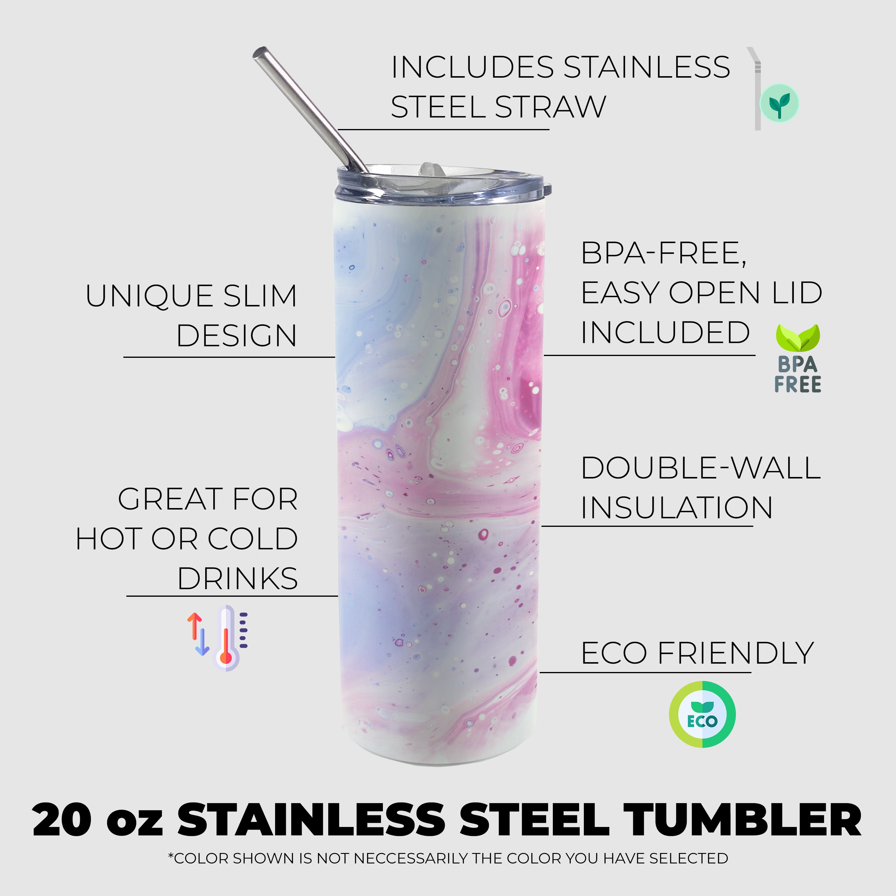 Trend Setters Original (Pink and Blue Marble) 20oz Stainless Steel Travel Tumbler with Straw