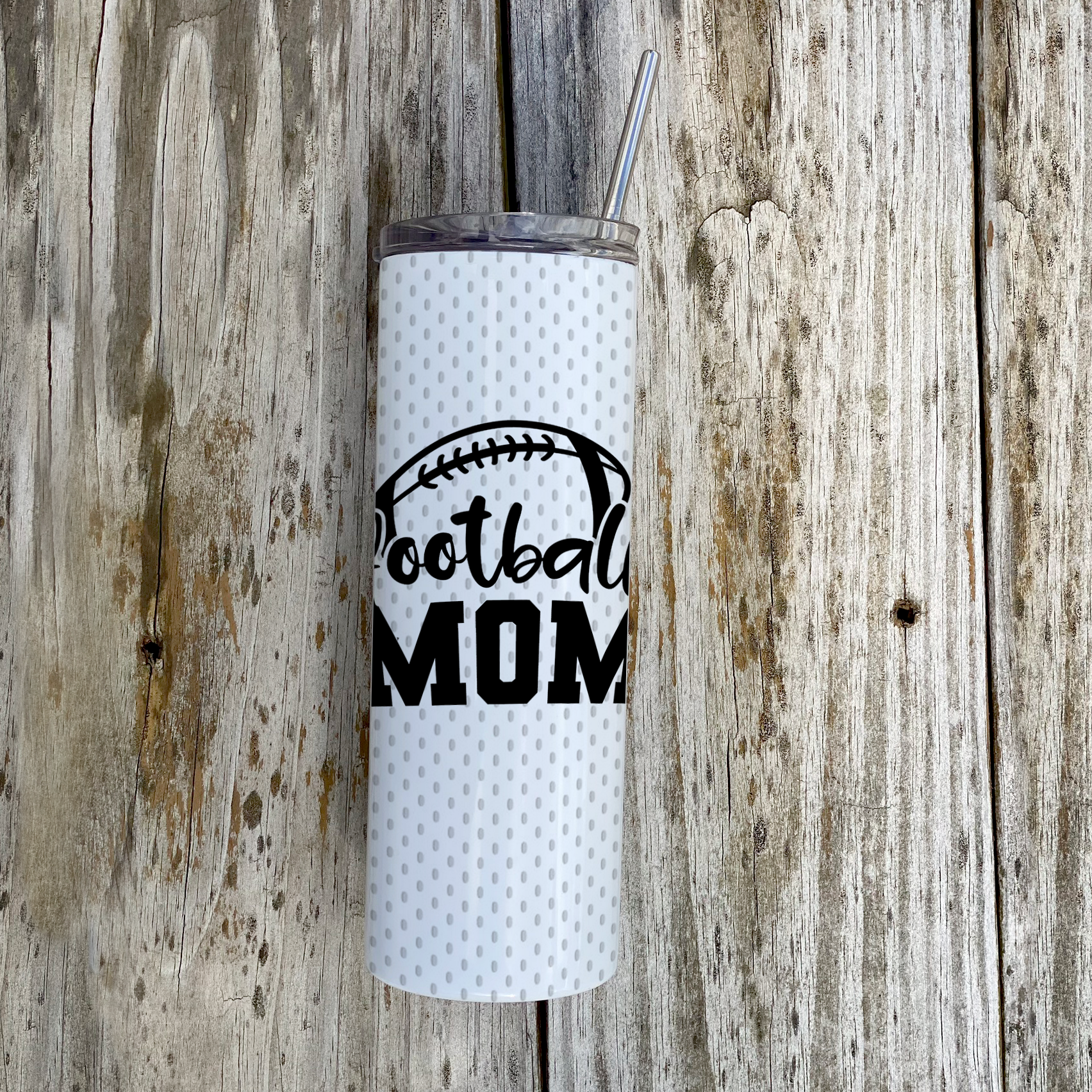 Sports Collection (Football Mom - Personalized) 20 Oz Stainless Steel Travel Tumbler with Straw (White)