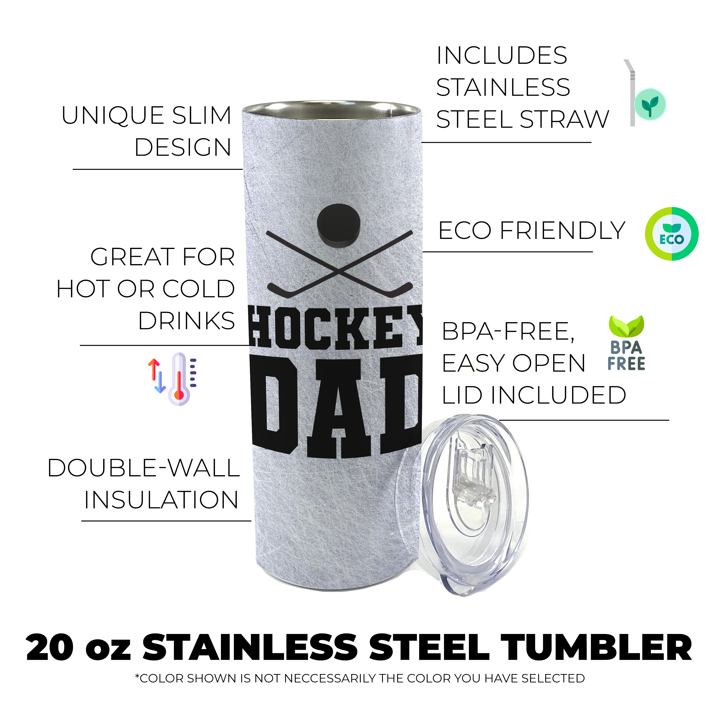 Sports Collection (Hockey Dad - Personalized) 20 Oz Stainless Steel Travel Tumbler with Straw (White)