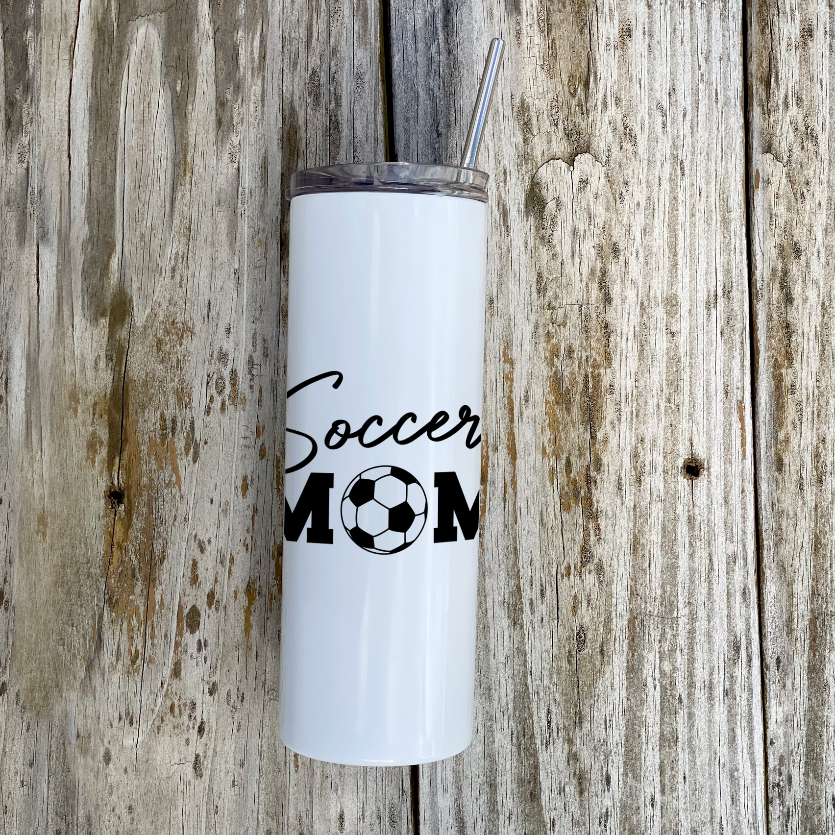 Sports Collection (Soccer Mom - Personalized) 20 Oz Stainless Steel Travel Tumbler with Straw (White)