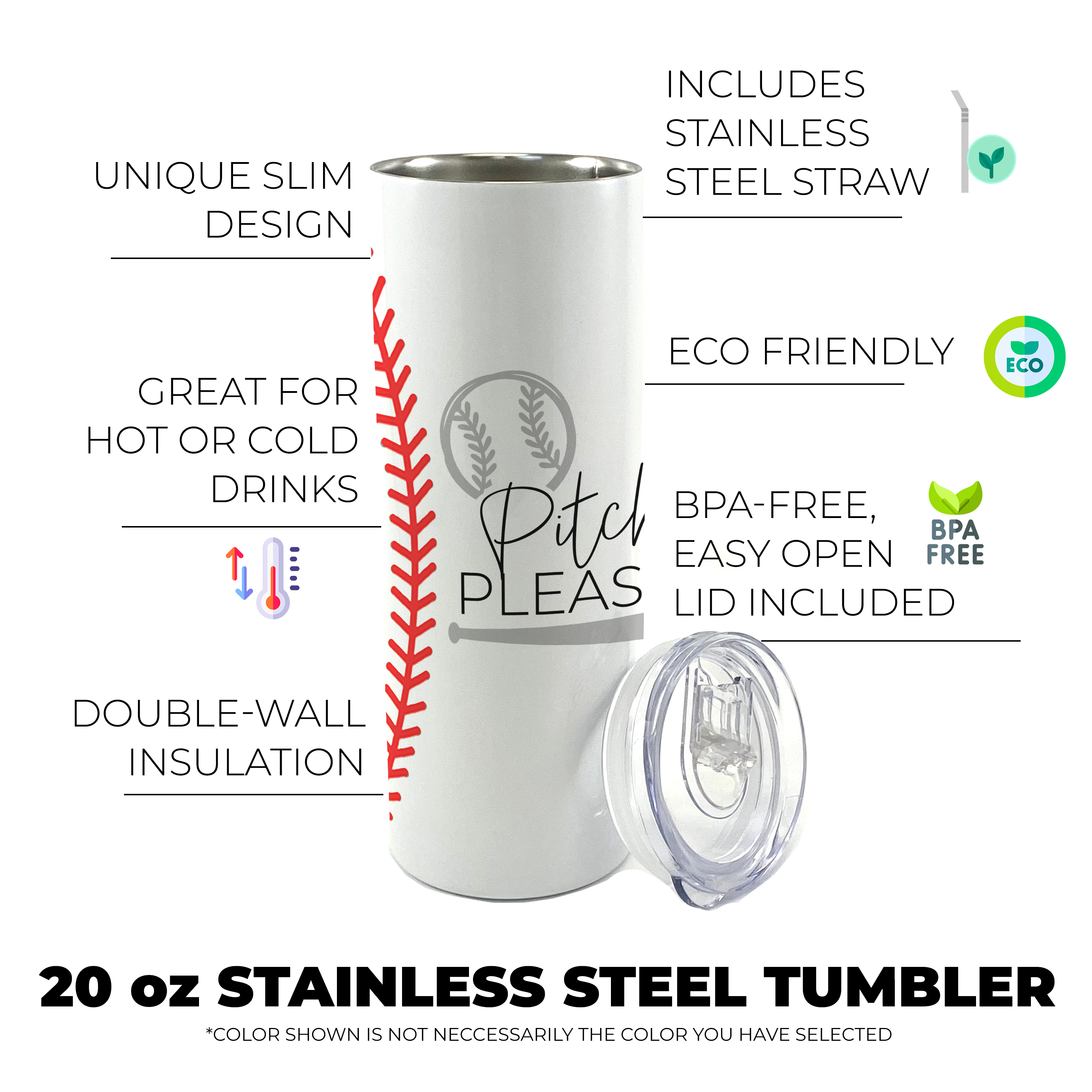 Sports Collection (Pitch Please - Baseball) 20 Oz Stainless Steel Travel Tumbler with Straw SSTUMW0067