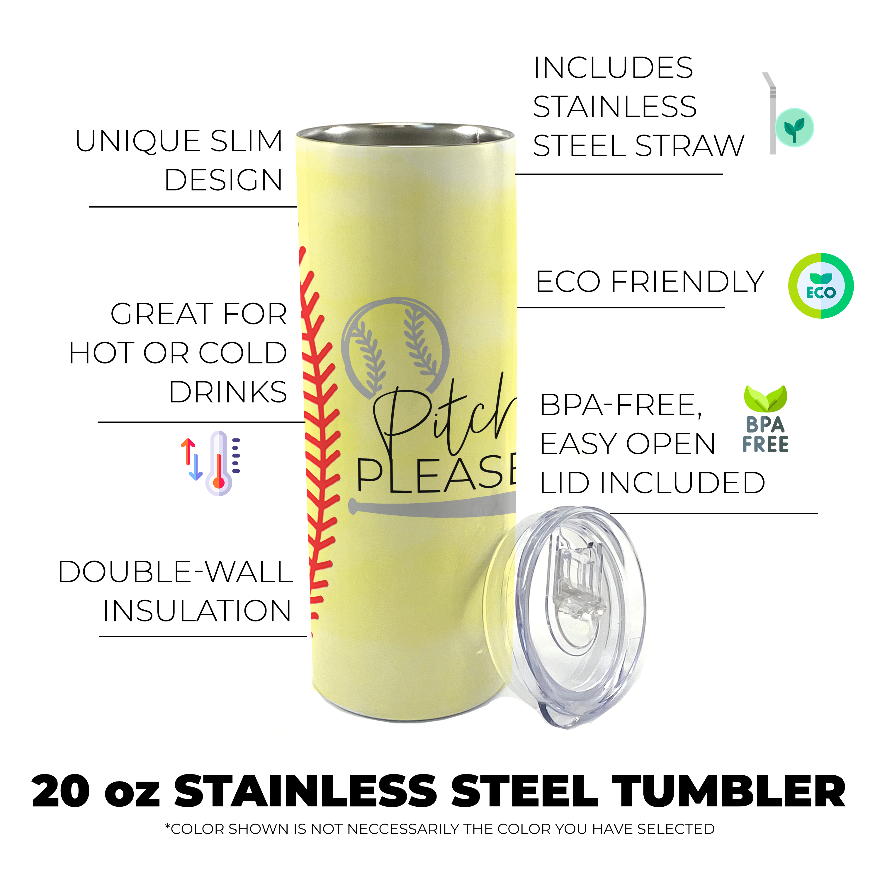 Sports Collection (Pitch Please - Softball) 20 Oz Stainless Steel Travel Tumbler with Straw SSTUMW0068