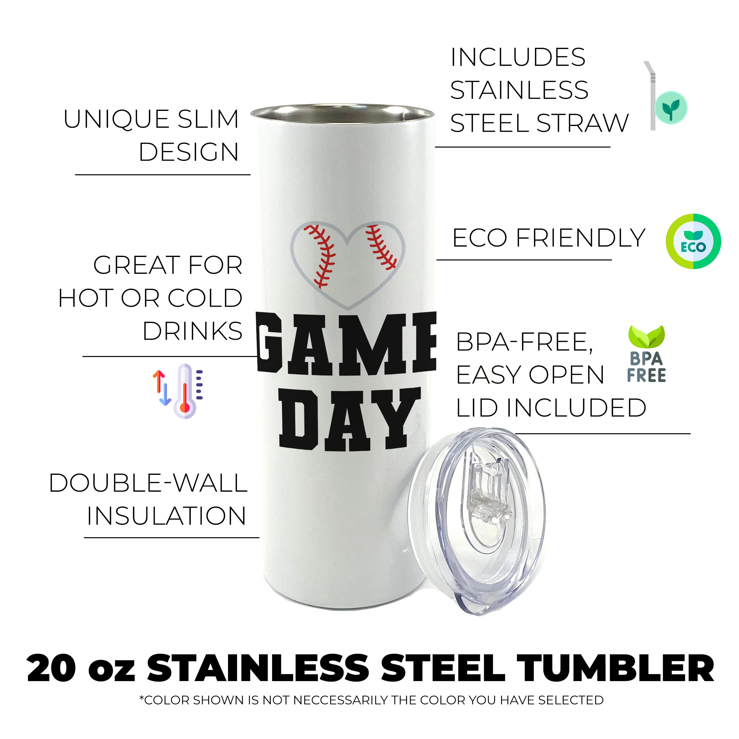 Sports Collection (Game Day – Baseball - Personalized) 20 Oz Stainless Steel Travel Tumbler with Straw (White)