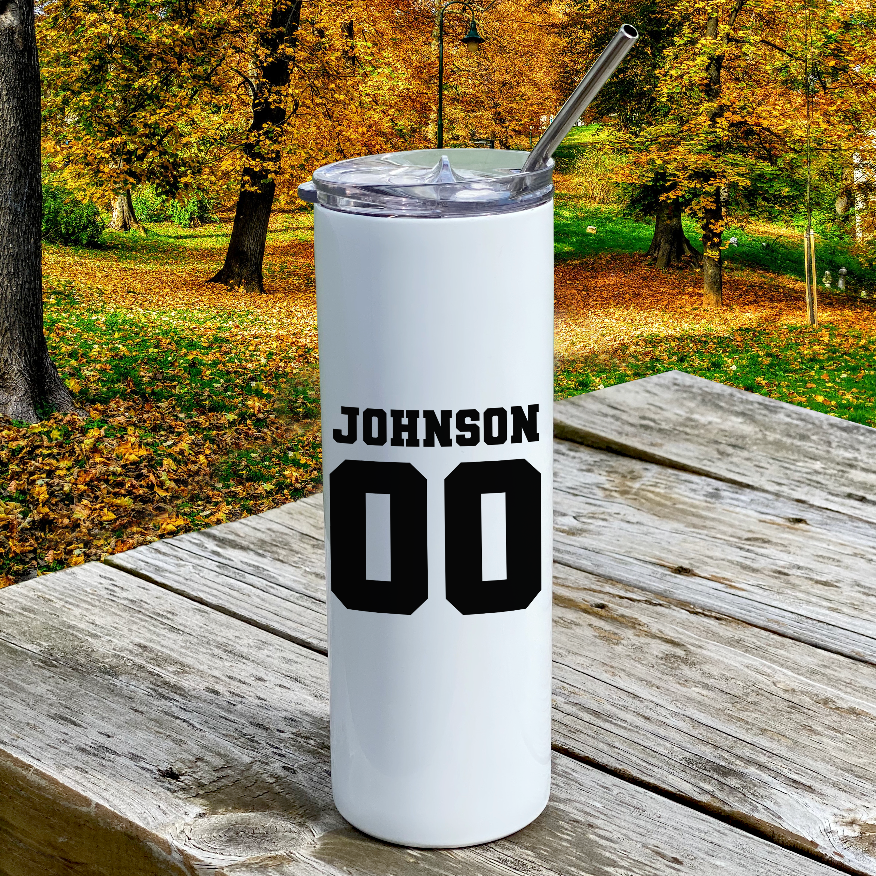 Sports Collection (Football Game Day - Personalized) 20 Oz Stainless Steel Travel Tumbler with Straw (White)