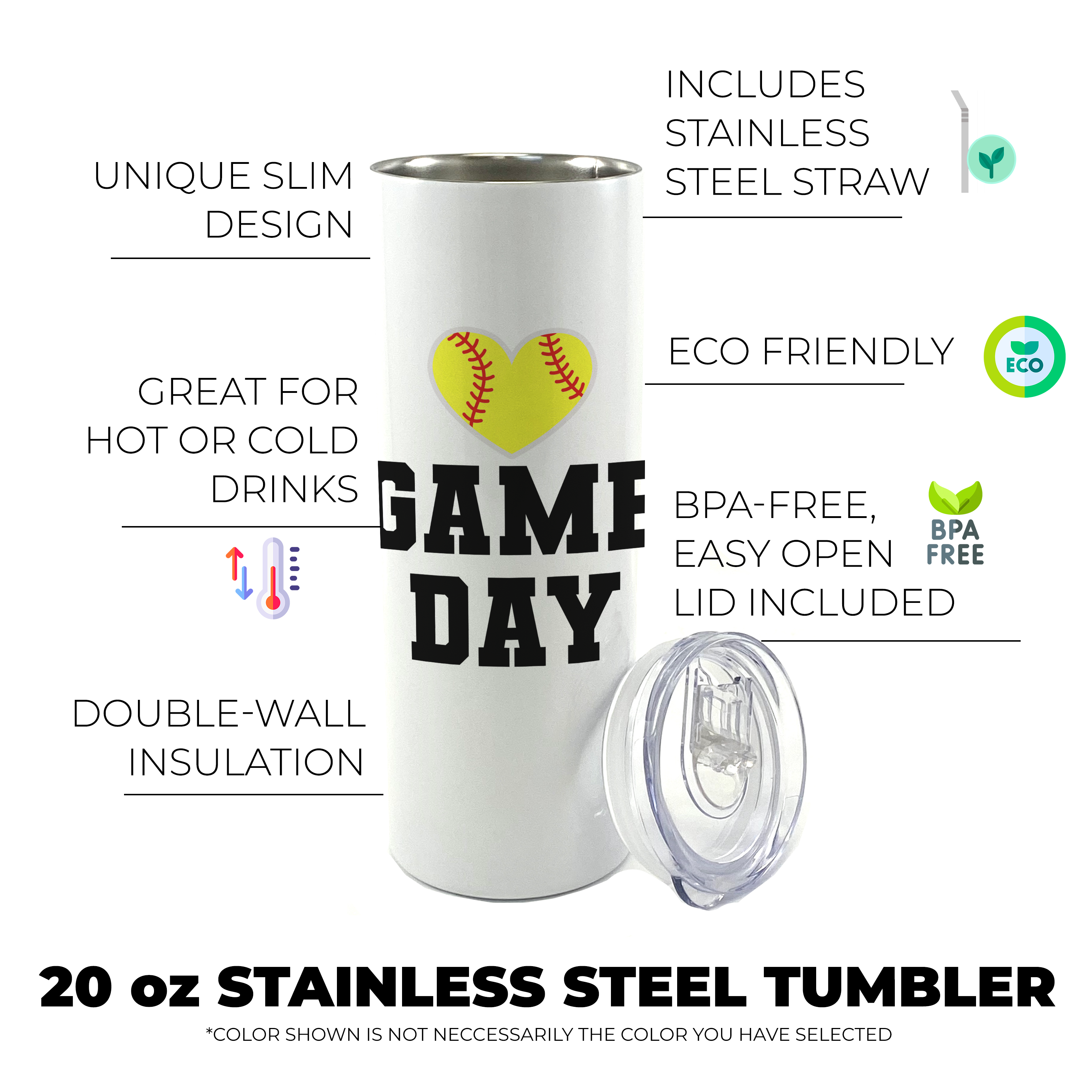 Sports Collection (Softball Game Day - Personalized) 20 Oz Stainless Steel Travel Tumbler with Straw (White)
