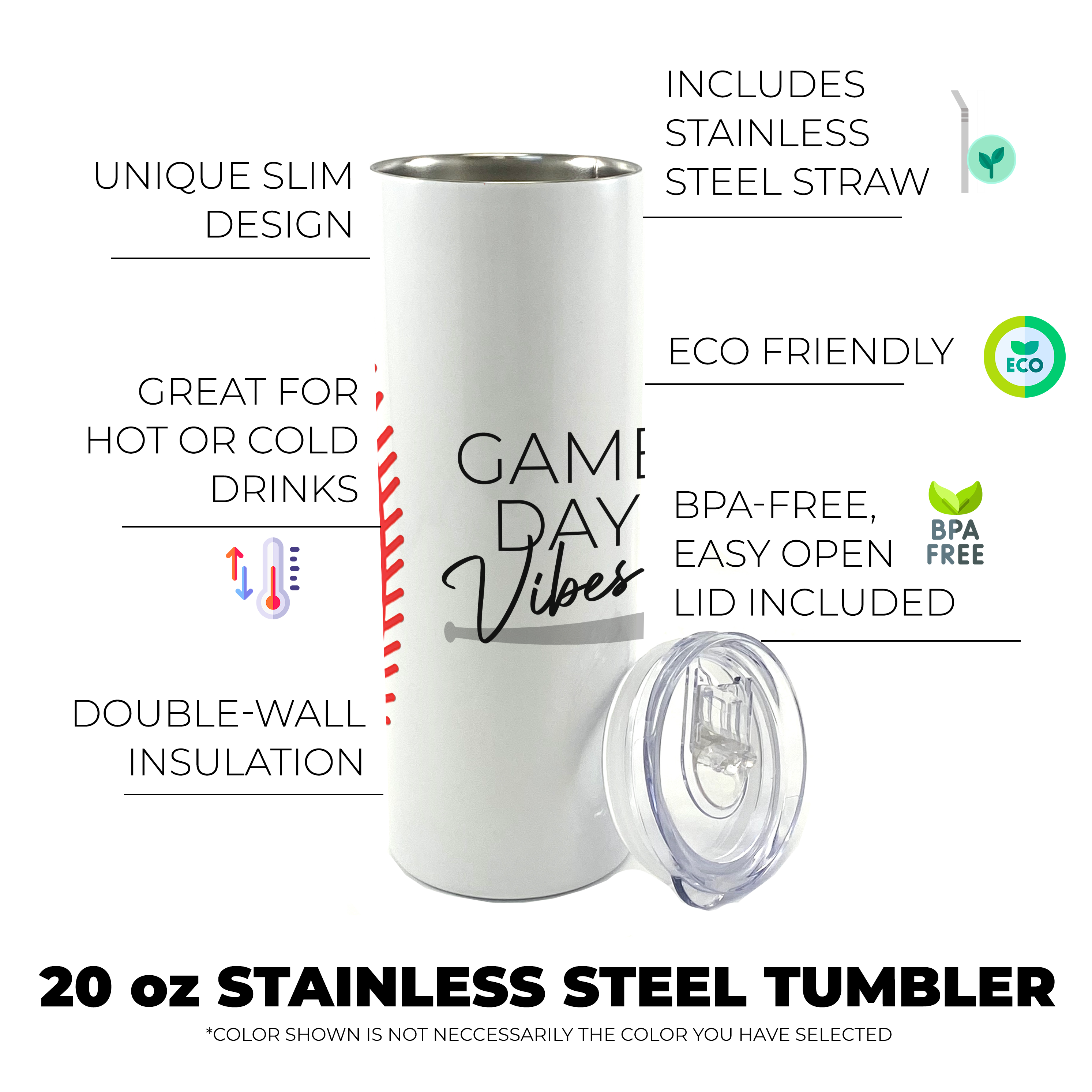 Sports Collection (Game Day Vibes - Baseball) 20 Oz Stainless Steel Travel Tumbler with Straw SSTUMW0079