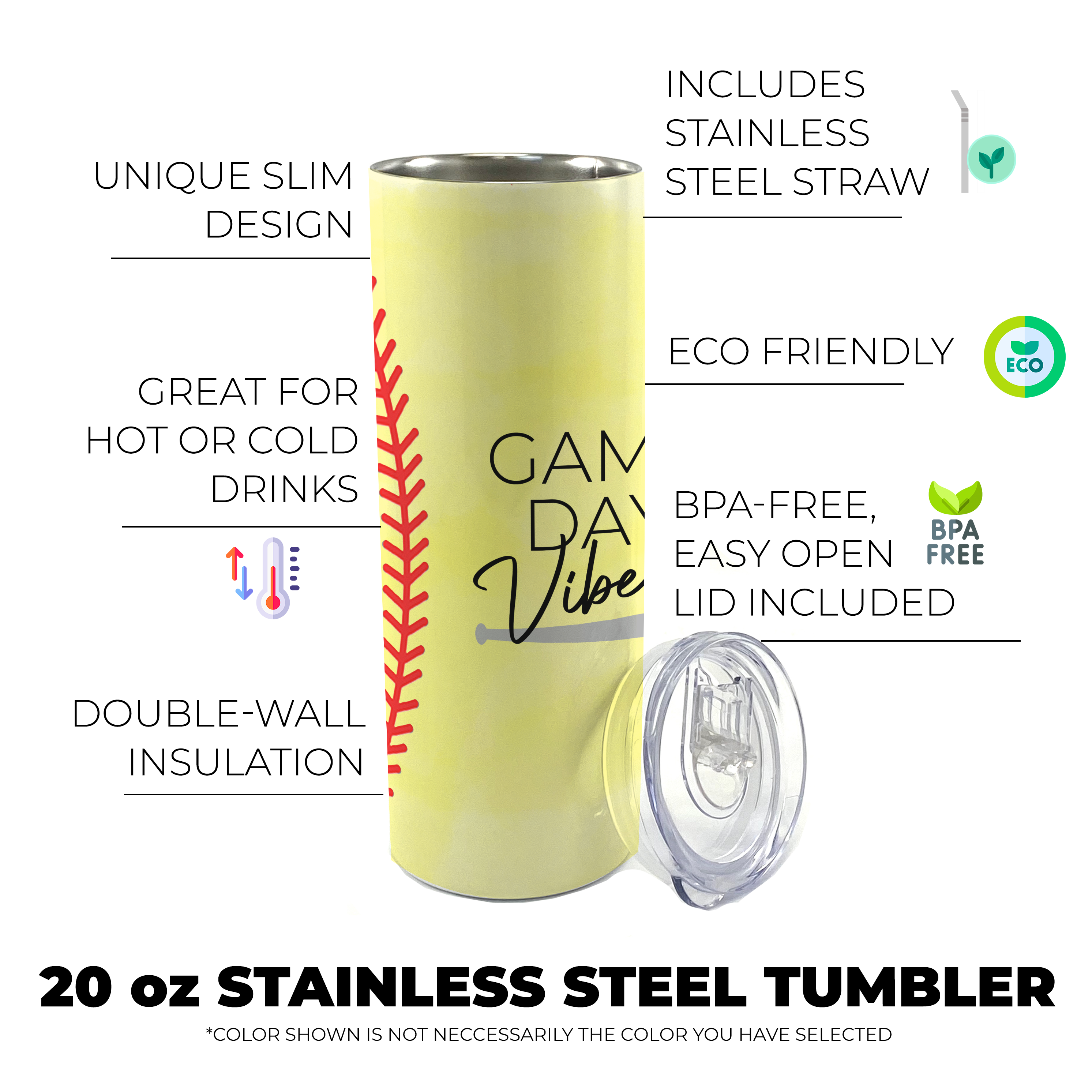 Sports Collection (Game Day Vibes - Softball) 20 Oz Stainless Steel Travel Tumbler with Straw SSTUMW0080
