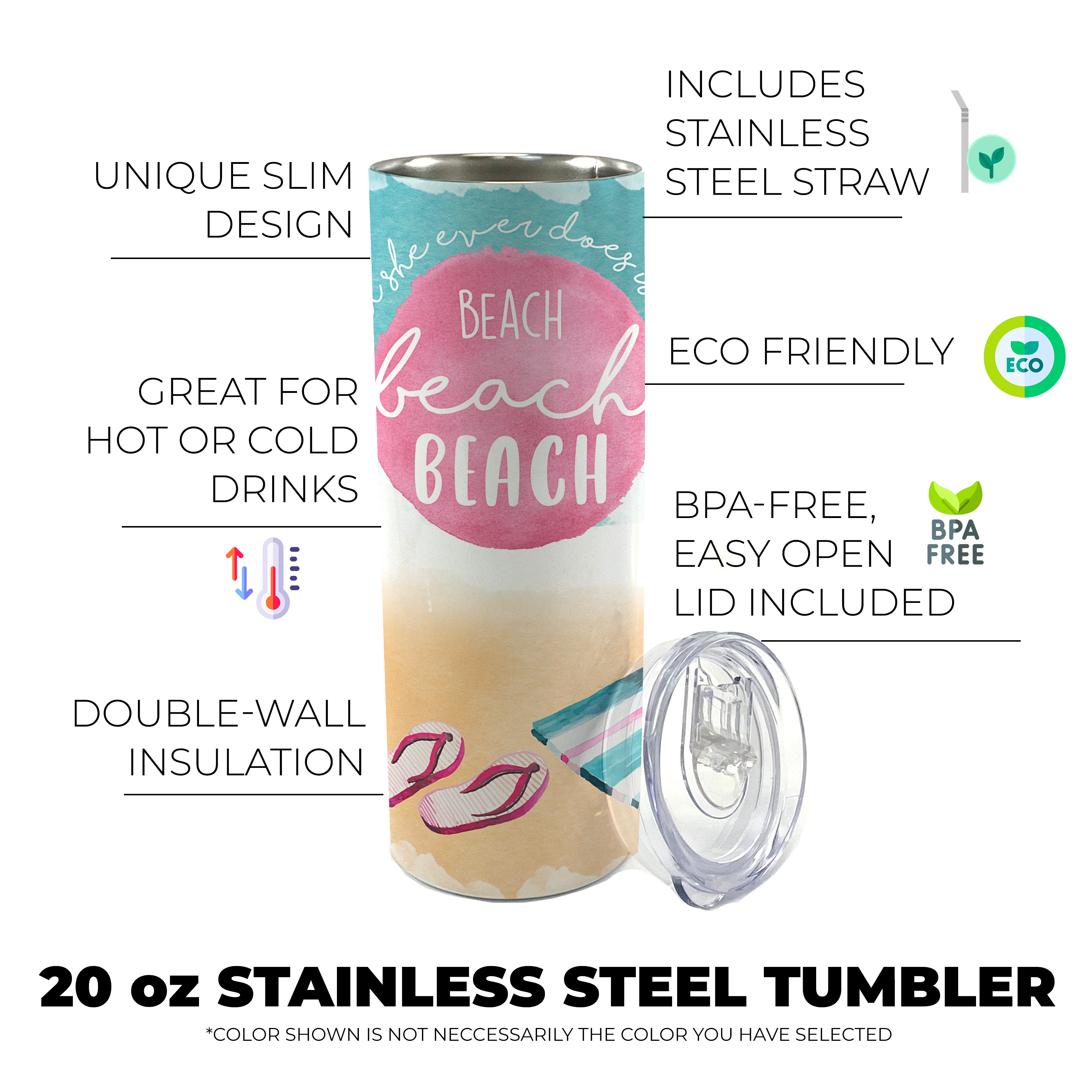 Vacation Collection (All She Ever Does Is Beach Beach Beach) 20 Oz Stainless Steel Travel Tumbler with Straw SSTUMW0081