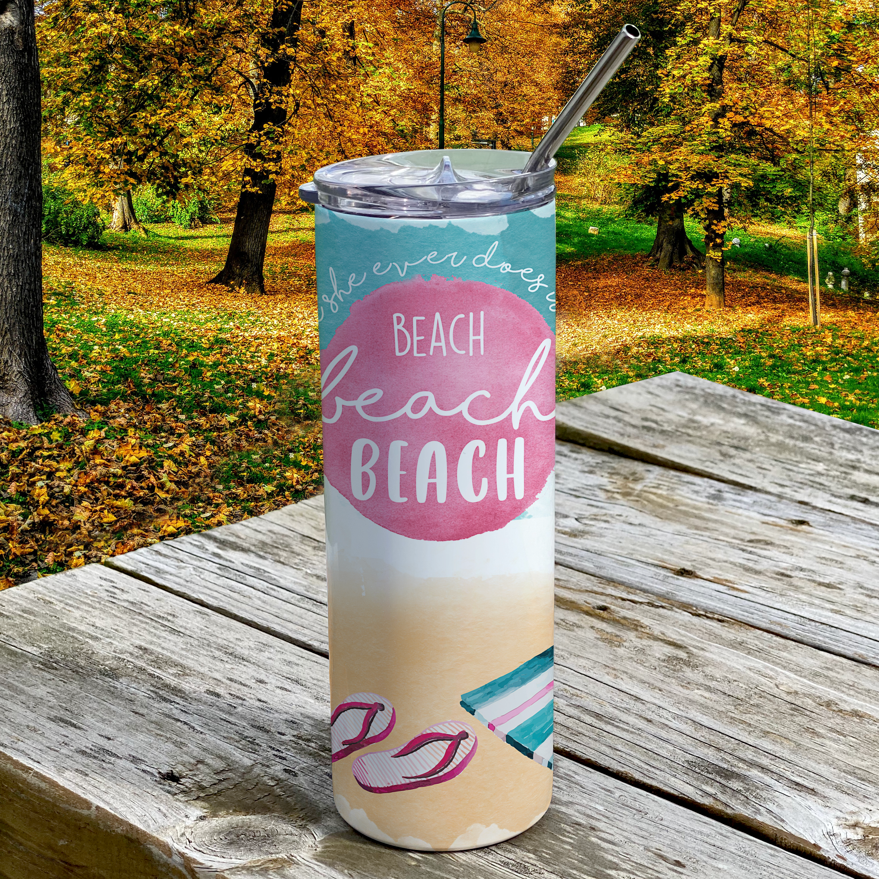 Vacation Collection (All She Ever Does Is Beach Beach Beach) 20 Oz Stainless Steel Travel Tumbler with Straw SSTUMW0081