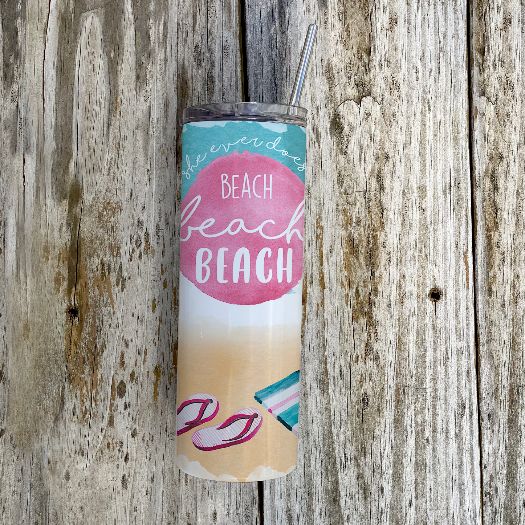 Vacation Collection (All She Ever Does Is Beach Beach Beach) 20 Oz Stainless Steel Travel Tumbler with Straw SSTUMW0081