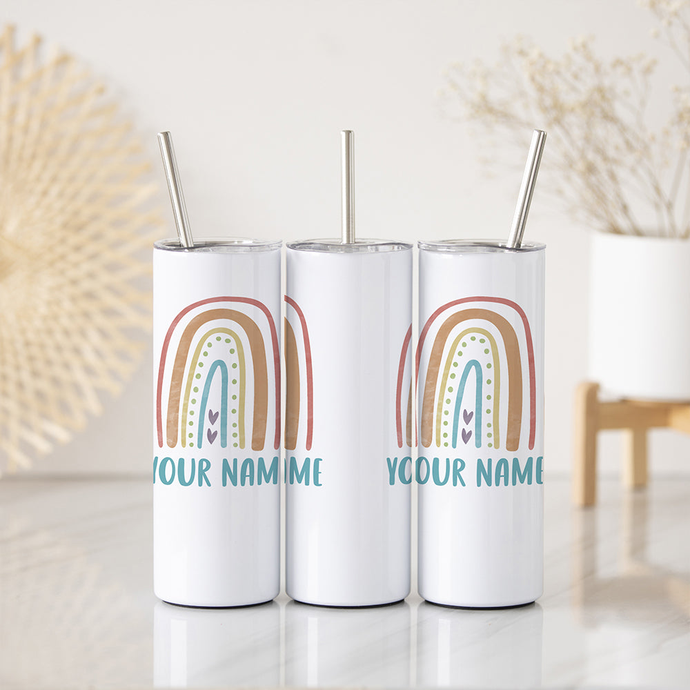 Trend Setters Original (Boho Rainbow - Personalized) 20 Oz Stainless Steel Travel Tumbler with Straw (White) SSTUMW0092