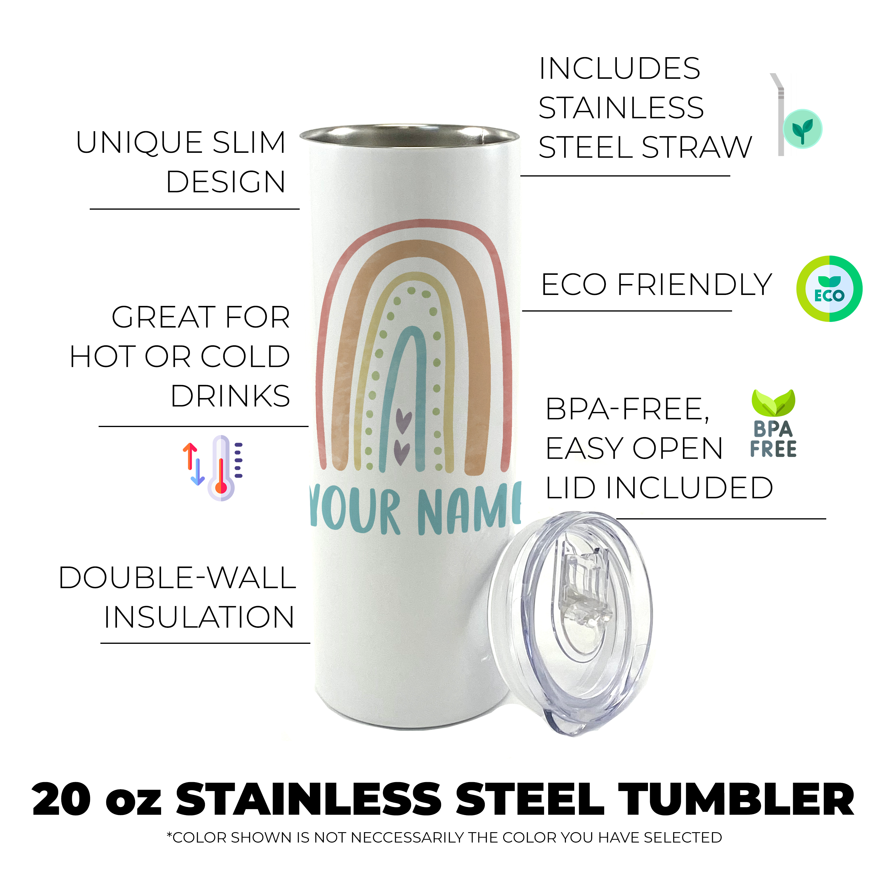 Trend Setters Original (Boho Rainbow - Personalized) 20 Oz Stainless Steel Travel Tumbler with Straw (White)