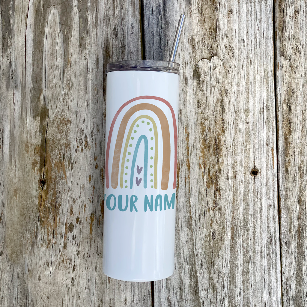 Trend Setters Original (Boho Rainbow - Personalized) 20 Oz Stainless Steel Travel Tumbler with Straw (White)