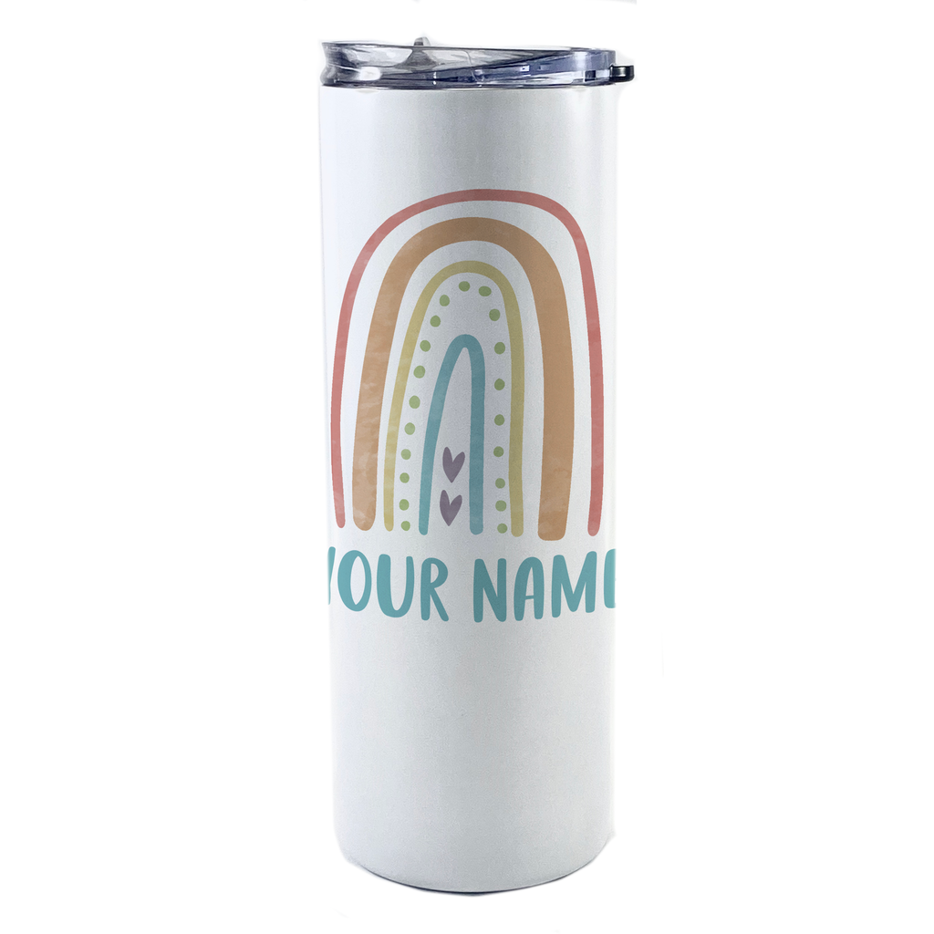 Trend Setters Original (Boho Rainbow - Personalized) 20 Oz Stainless Steel Travel Tumbler with Straw (White)